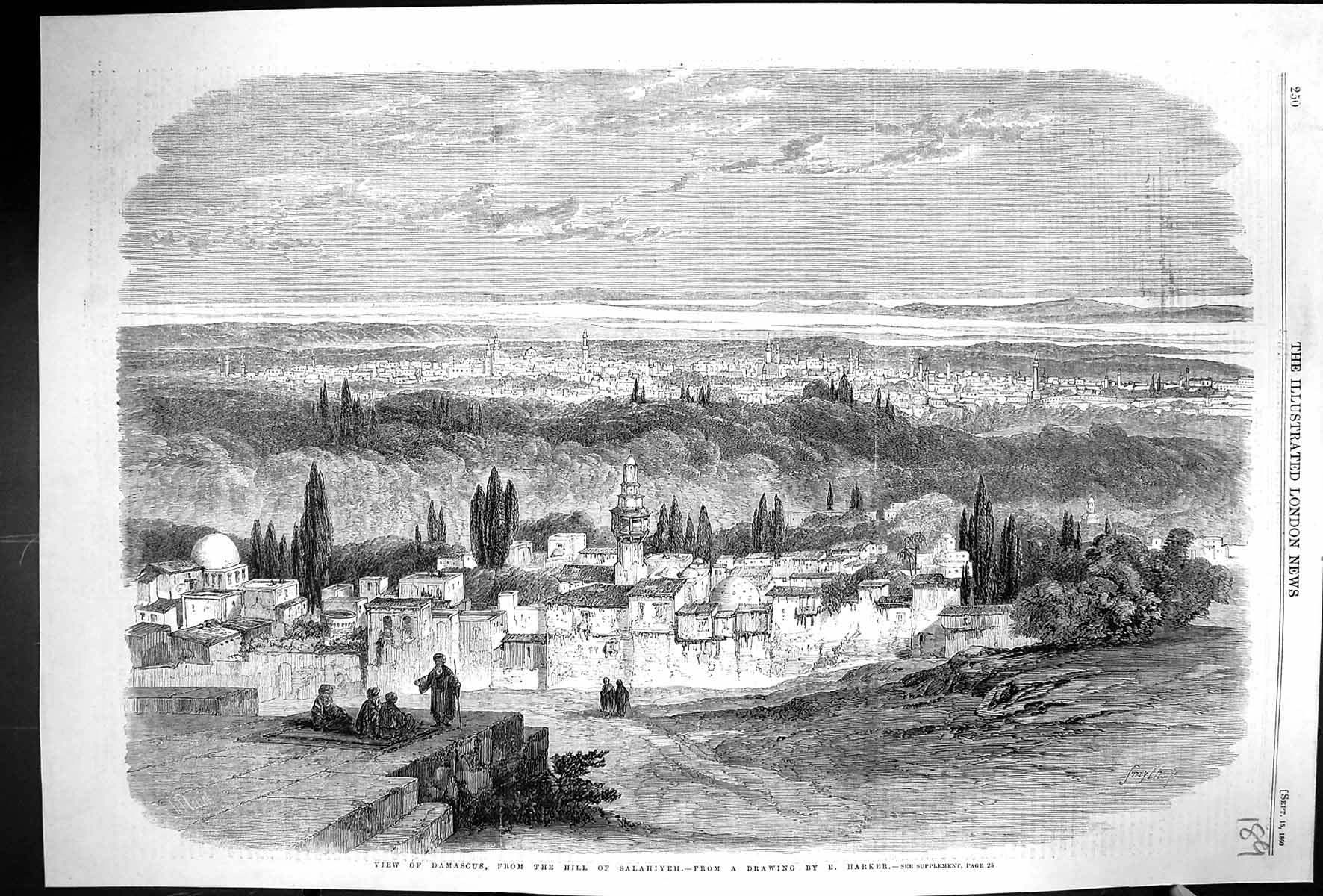 Antique Print 1860 View Damascus Hill Salahiyeh Houses Architecture Harker 19th