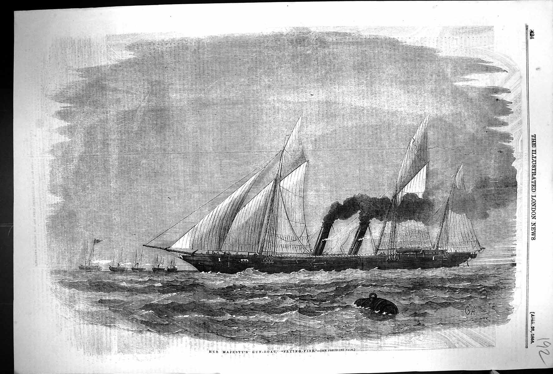 Original Old Antique Print 1856 Her Majesty Gun-Boat Ship Flying Fish Boats