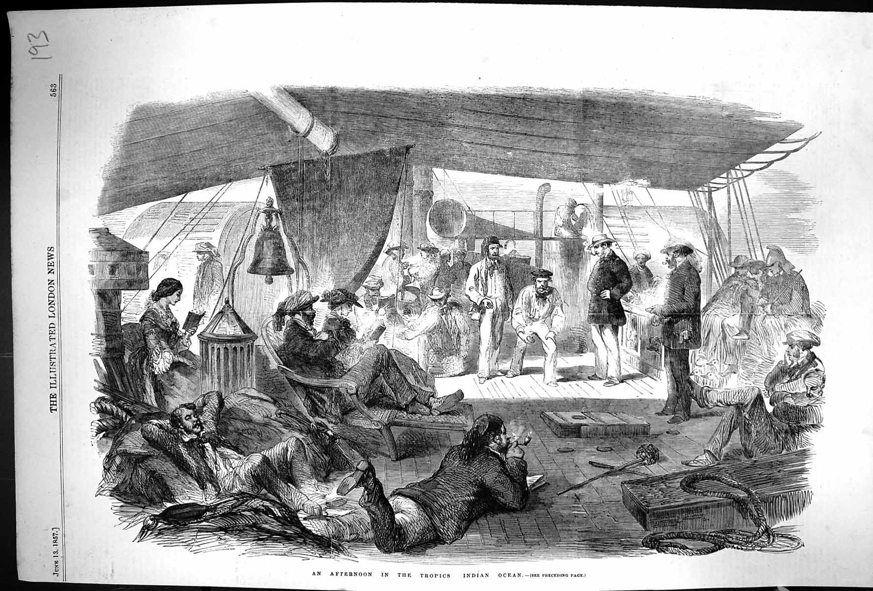 Original Old Antique Print 1857 Afternoon Scene Tropics Indian Ocean Ship Deck
