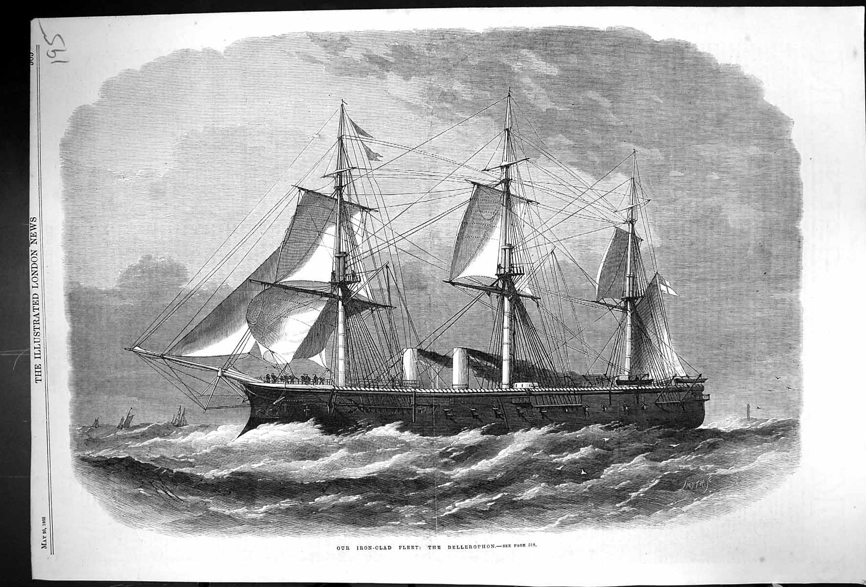 Original Old Antique Print 1866 Iron-Clad Fleet War Ship Bellerophon Sea 19th