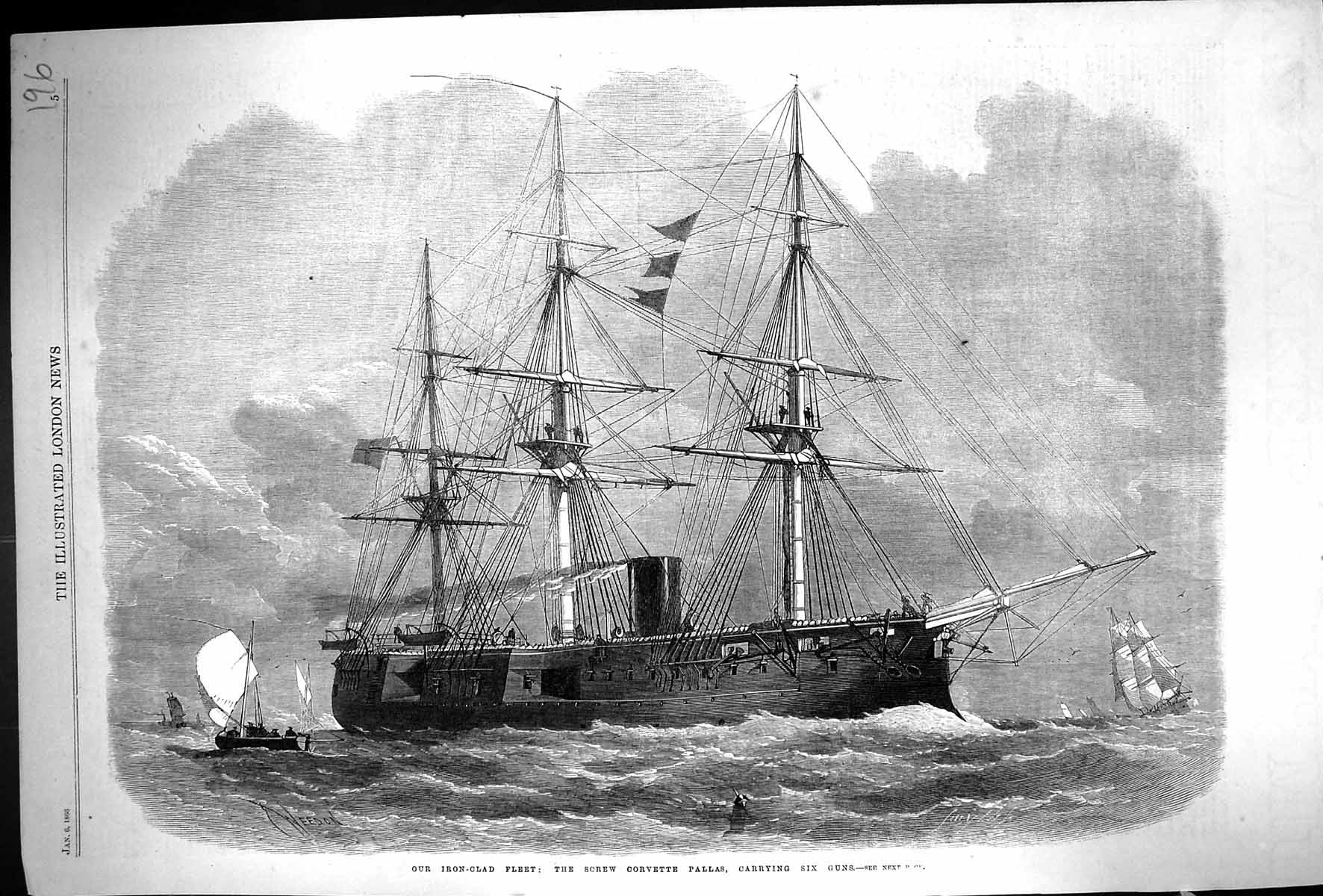 Old 1866 Iron-Clad Fleet War Ship Screw Corvette Pallas Carrying Six Victorian