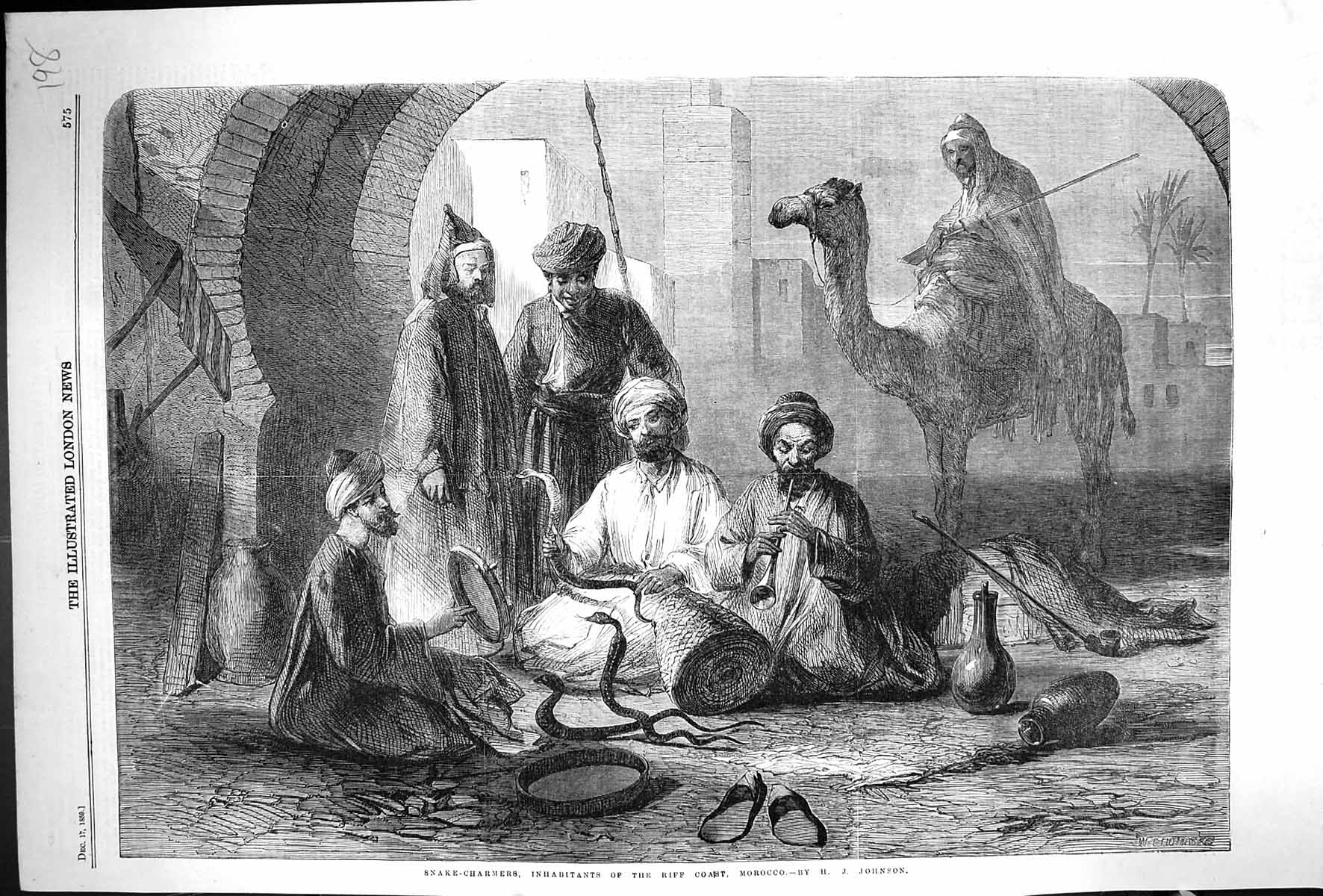 Old Print 1859 Snake Charmers Inhabitants Riff Coast Morocco Africa Camel 19th