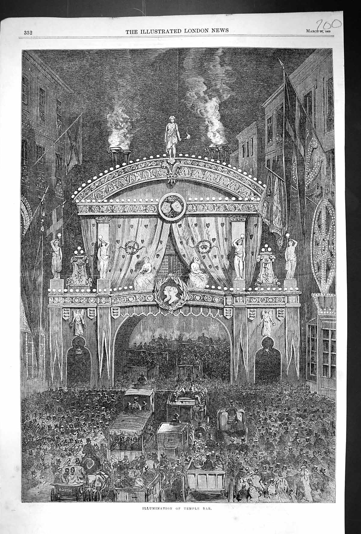 Original Old Antique Print 1863 Illuminations Temple Bar London England 19th