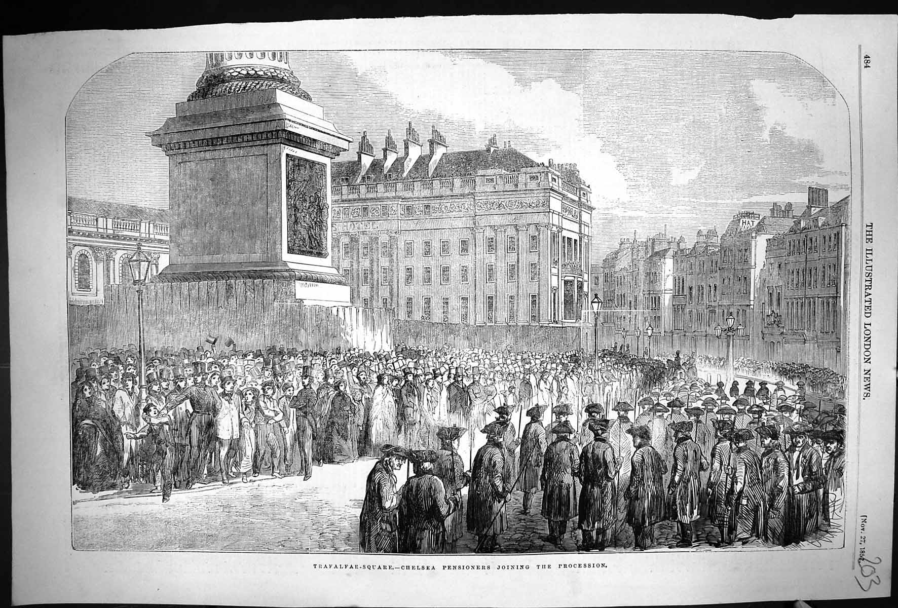 Old Print 1852 Scene Trafalgar Square Chelsea Pensioners Procession Sier 19th
