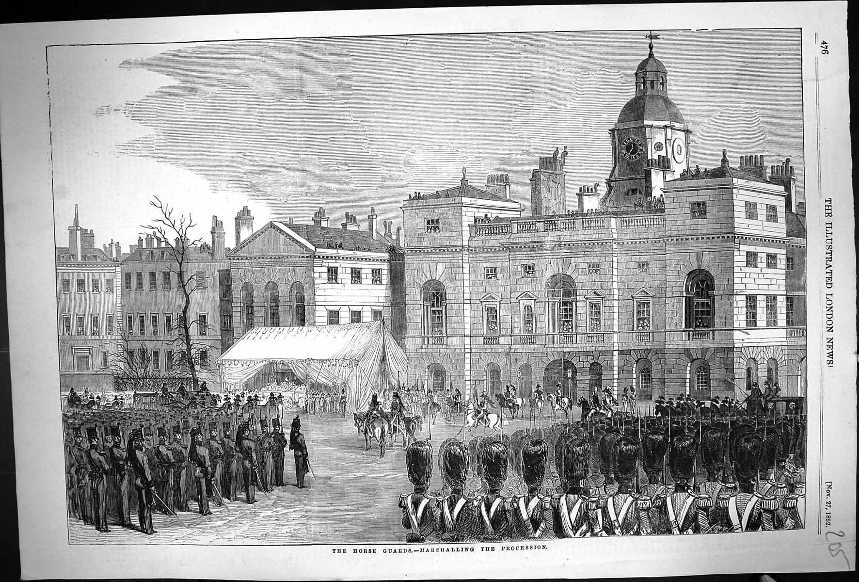 Old Antique Print 1852 Horse Guards Marshalling Procession London Scene 19th
