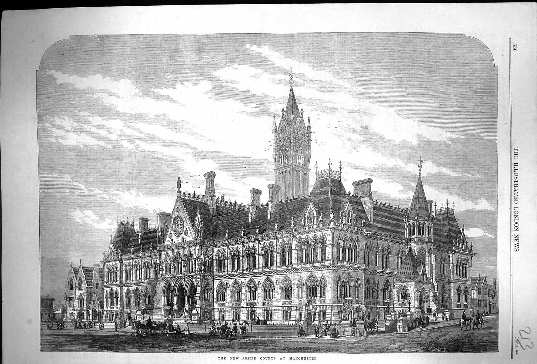 Old Antique Print 1864 Exterior New Assize Courts Manchester Architecture 19th