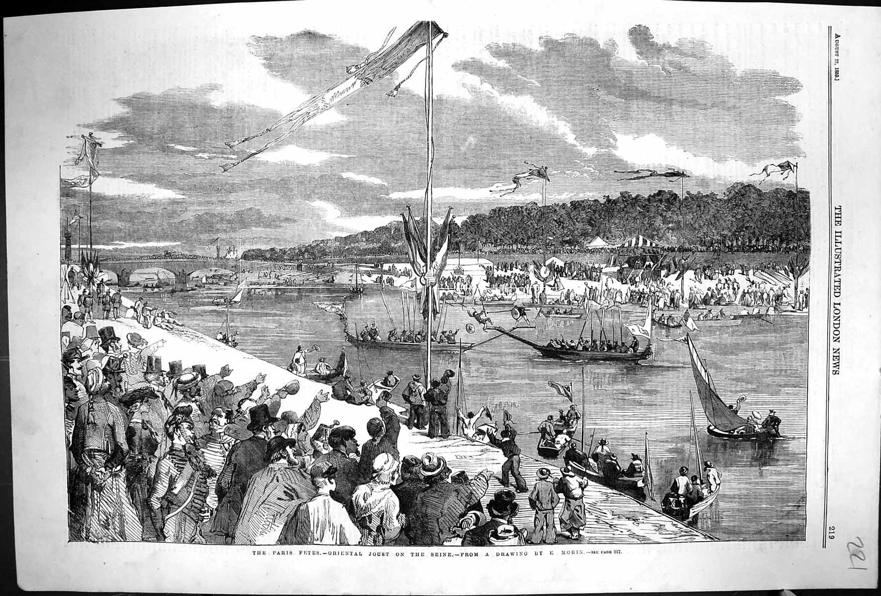 Old 1859 Paris Fetes Oriental Joust River Seine France Boats Entertai Victorian