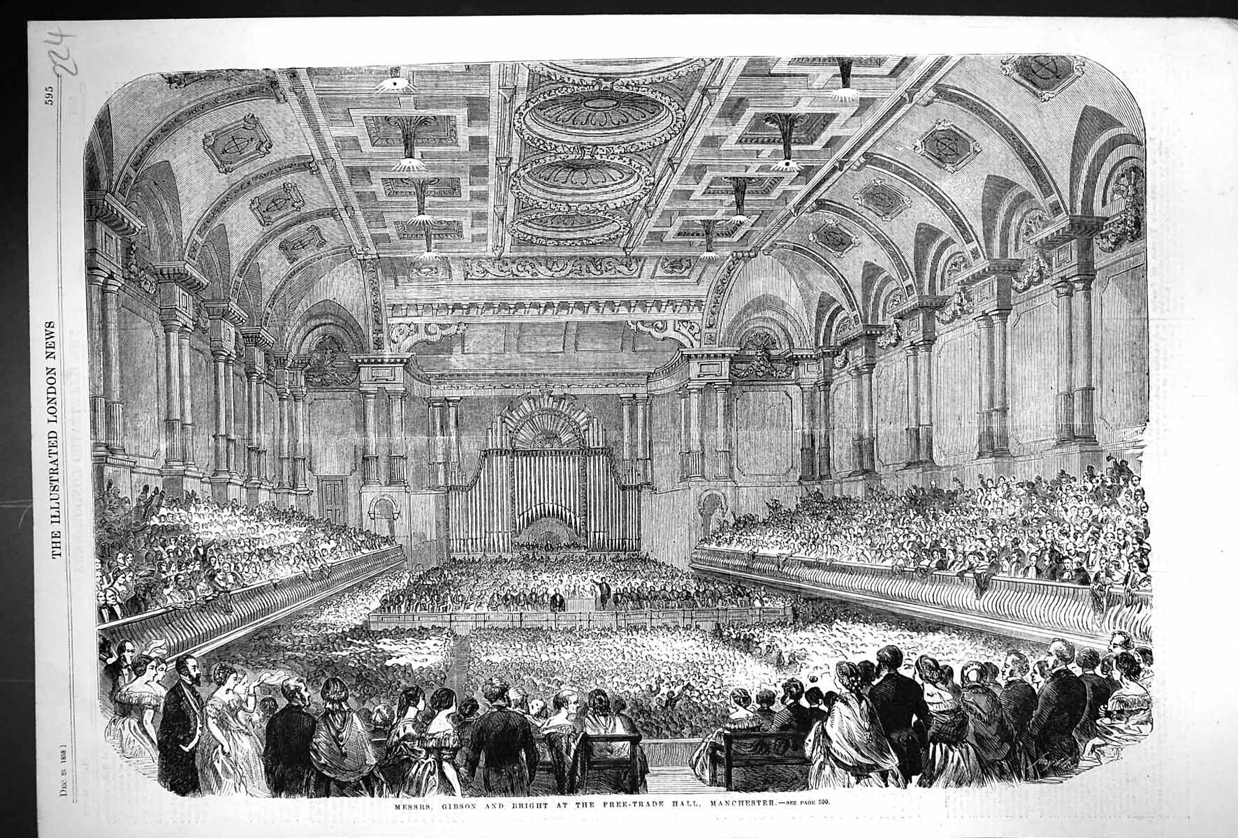 Antique Print 1858 Gibson Bright Free Trade Hall Meeting Manchester England