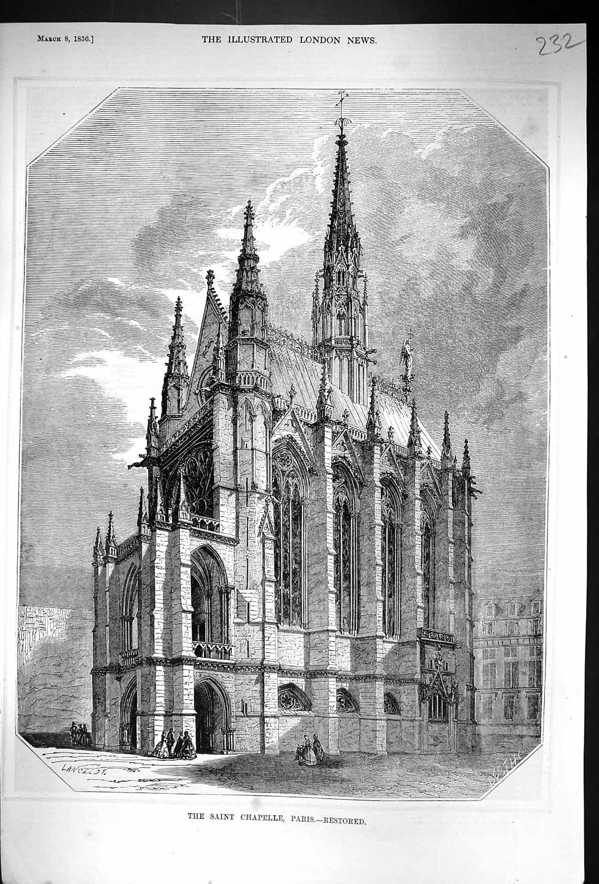 Old Print 1856 Exterior Building Saint Chapelle Paris France Architecture 19th