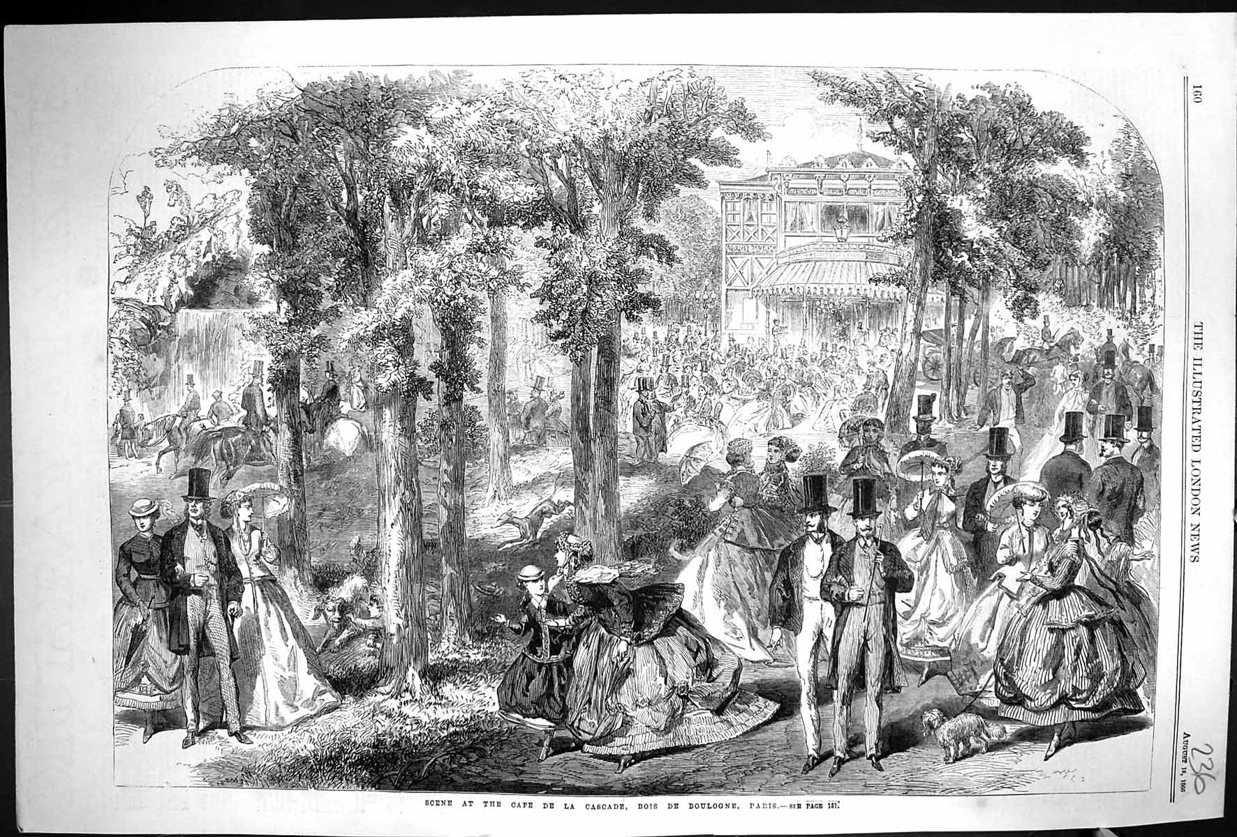 Antique Old Print 1866 Scene CafÇ De La Cascade Bois De Boulogne Paris France