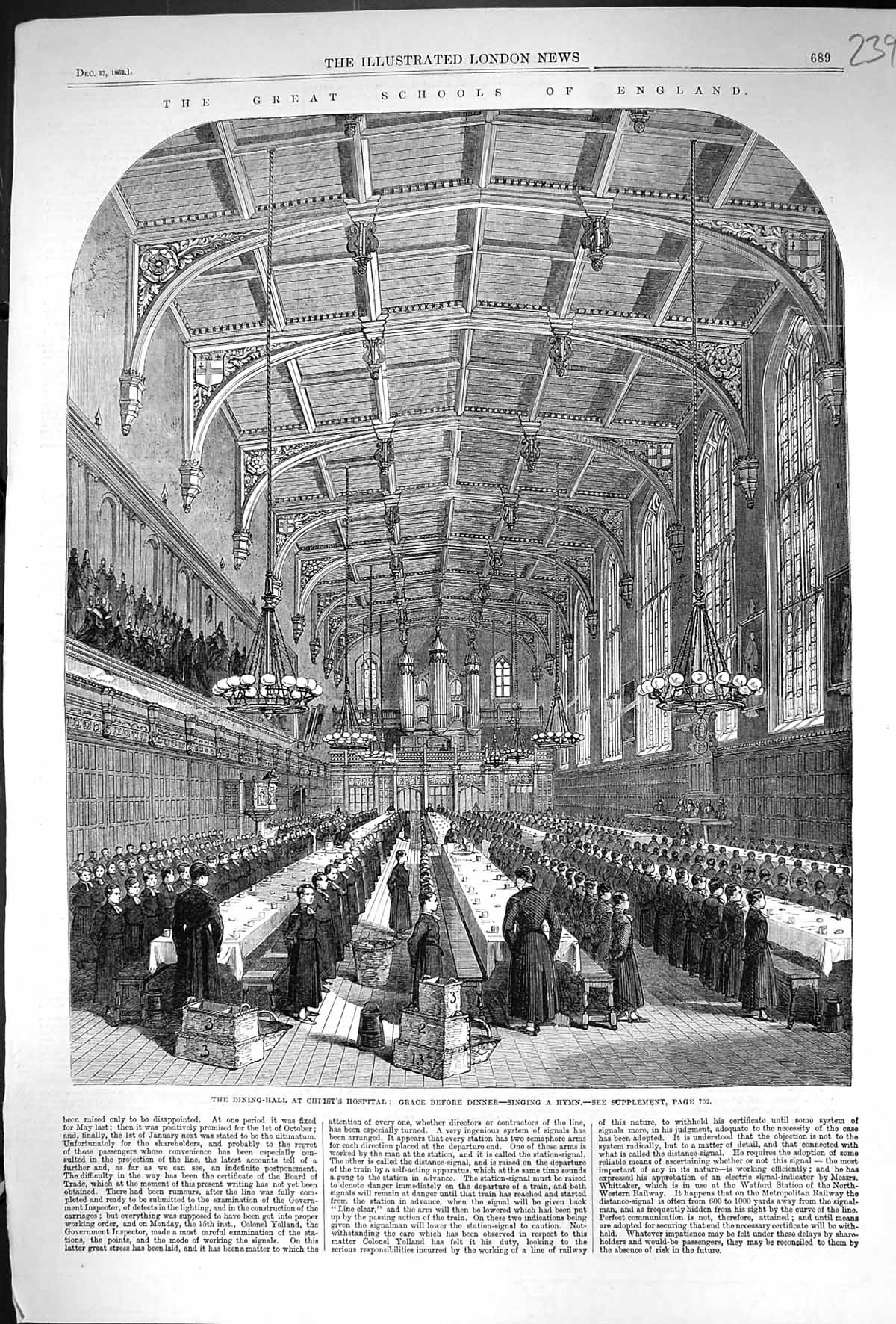 Old 1862 Dining Hall Christ'S Hospital Saying Grace Before Dinner Sin Victorian