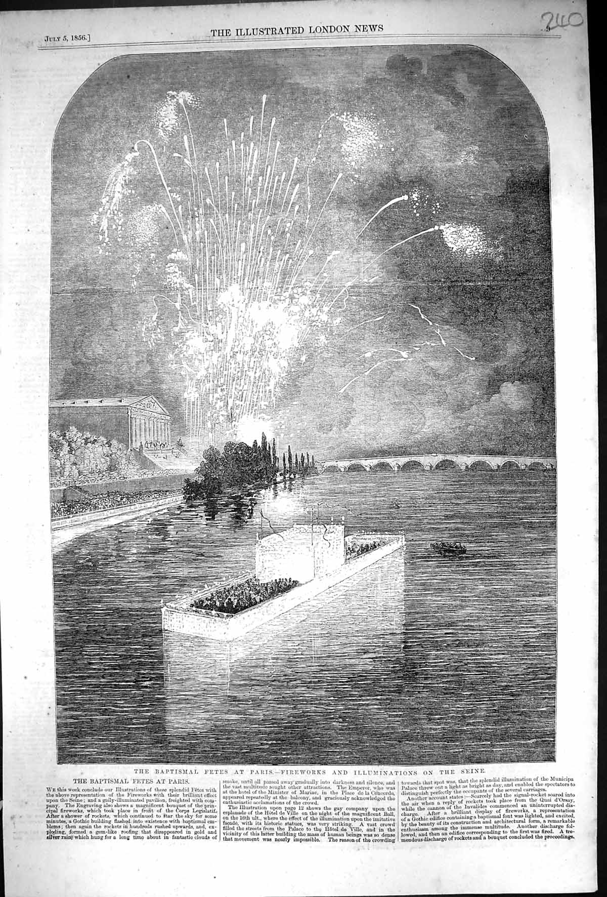 Old 1856 Baptismal Fetes Paris France Fireworks Illuminations River S Victorian