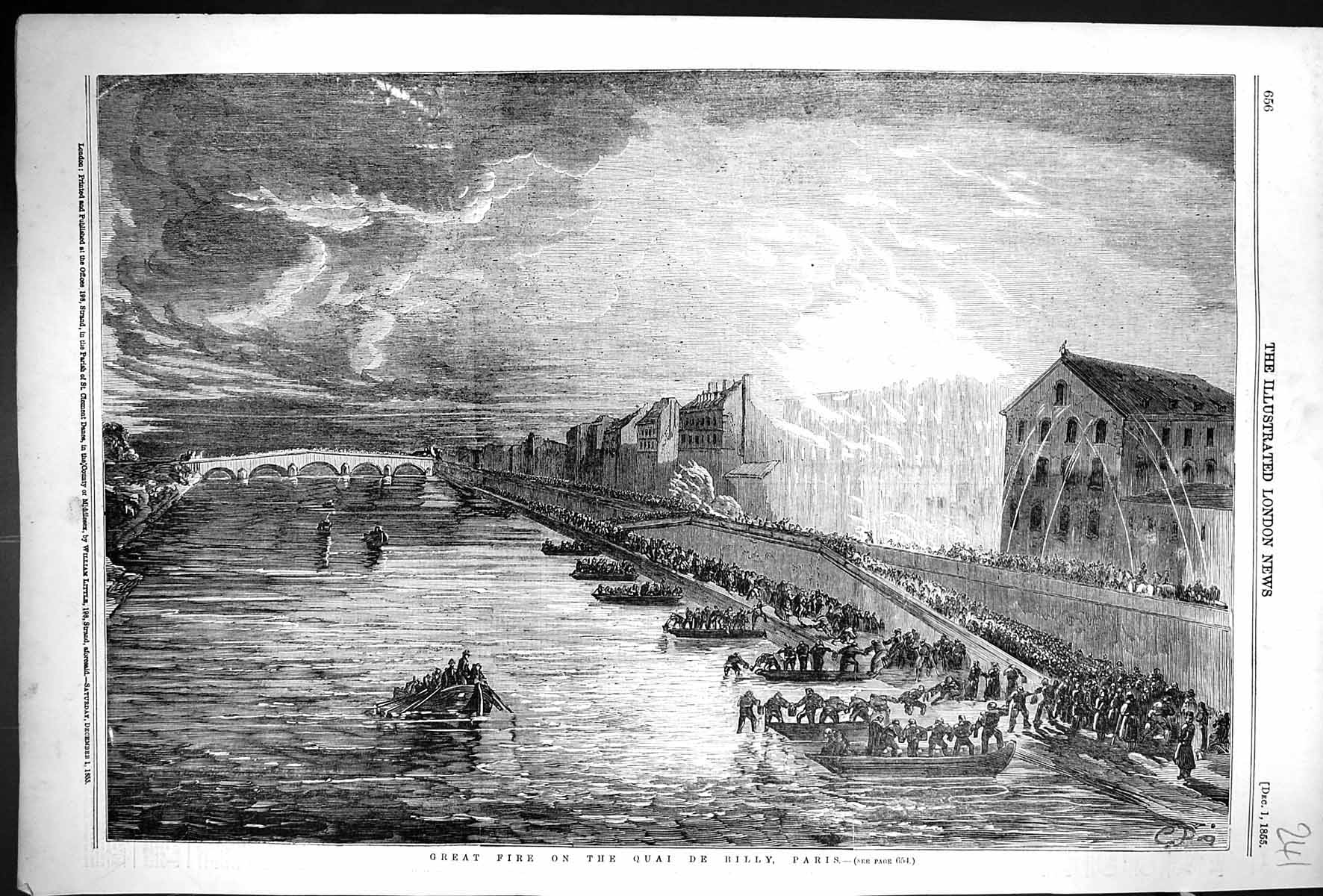 Antique Print 1855 Great Fire Quai De Billy Paris France River Boats Bridge