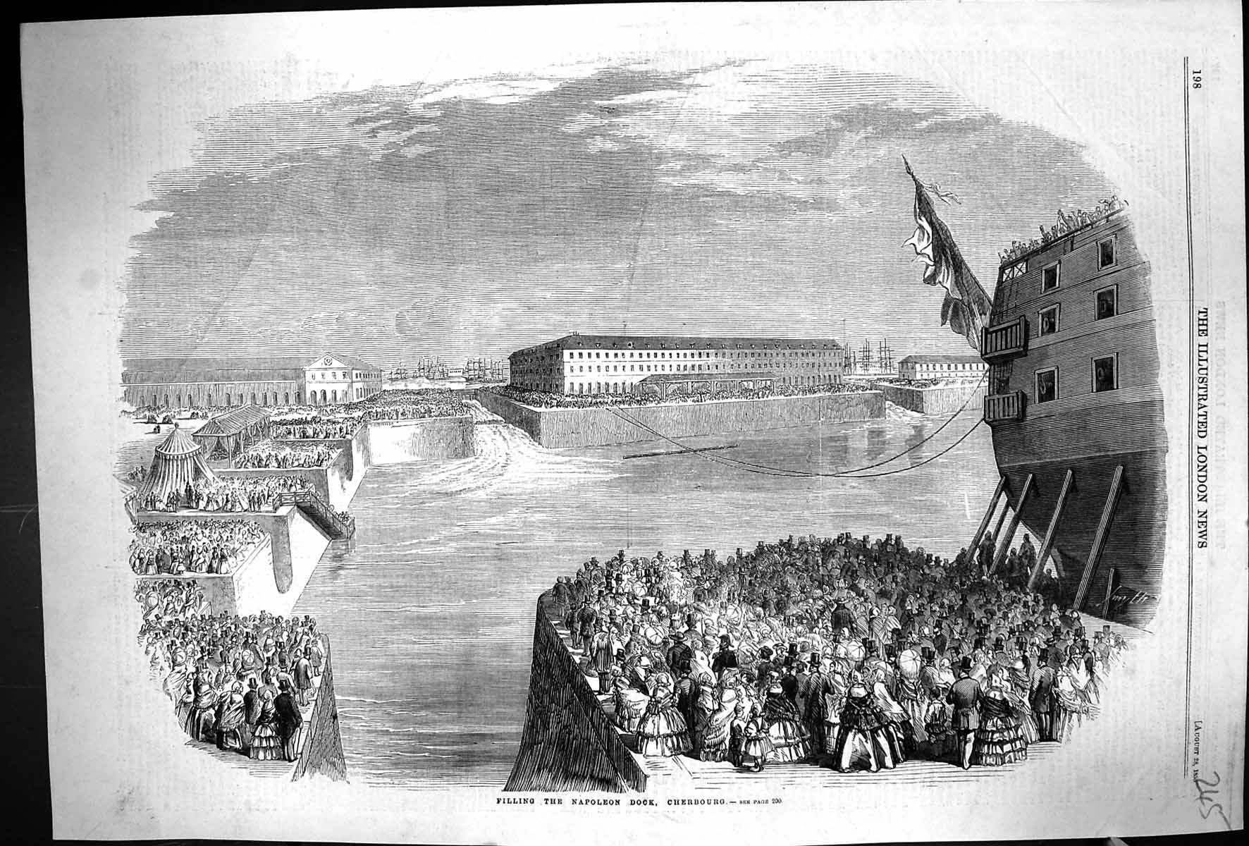 Original Old Antique Print 1858 Filling Napoleon Dock Cherbourg Ships Victorian
