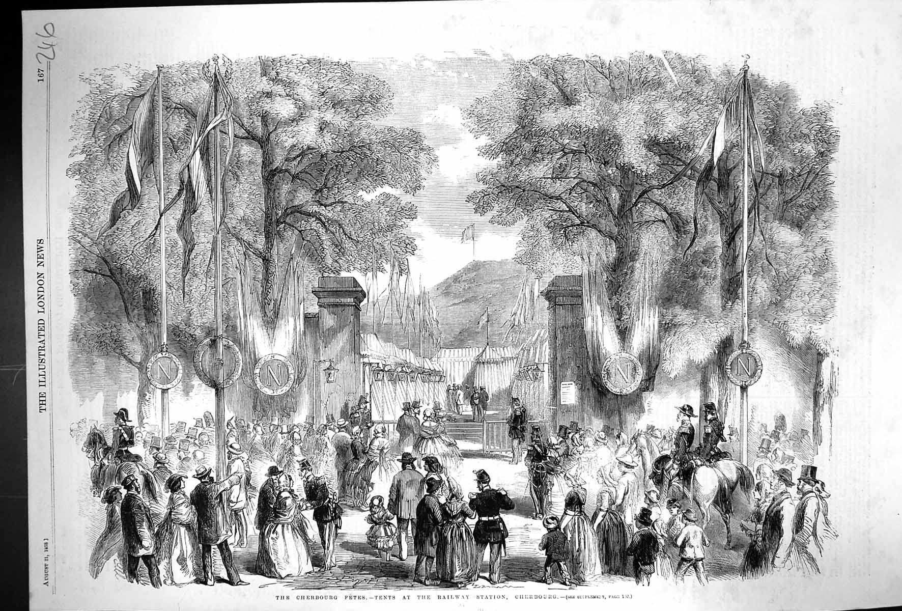 Antique Old Print 1858 Cherbourg Fetes Tents Railway Station People Horses 19th