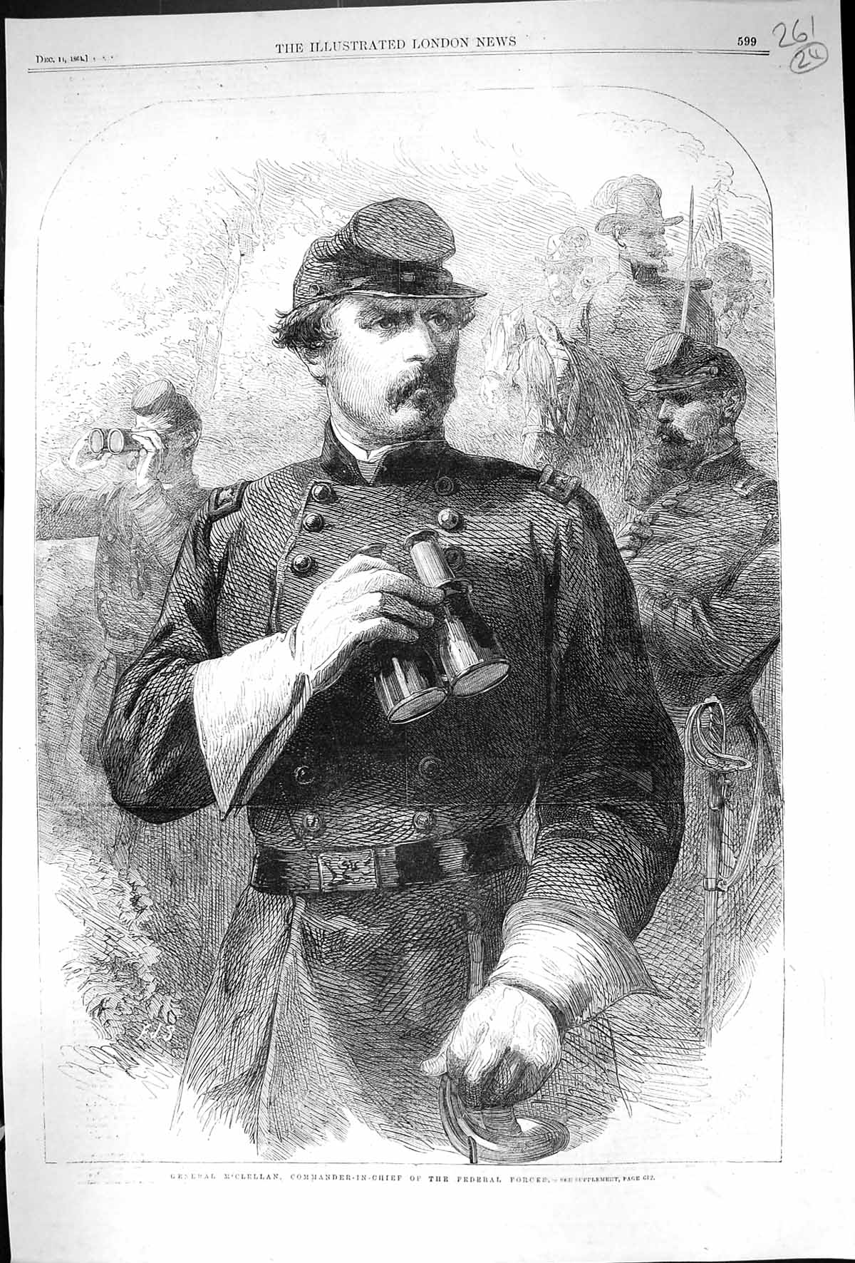 Antique Old Print 1861 General M'Clellan Commander-In-Chief Federal Forces 19th