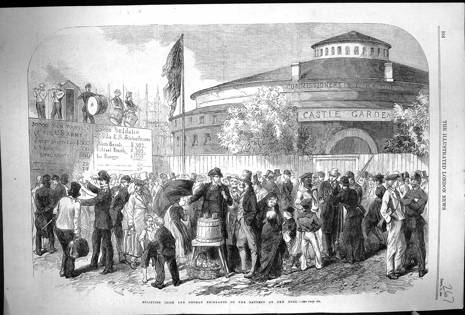 Old Print 1864 Enlisting Irish German Emigrants Battery New York America 19th
