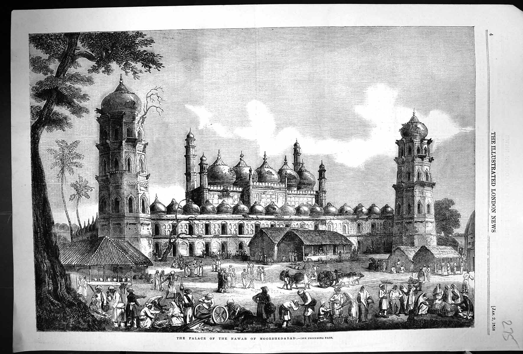 Original Old Antique Print 1858 Exterior Palace Nawab Moorshedabad Architecture