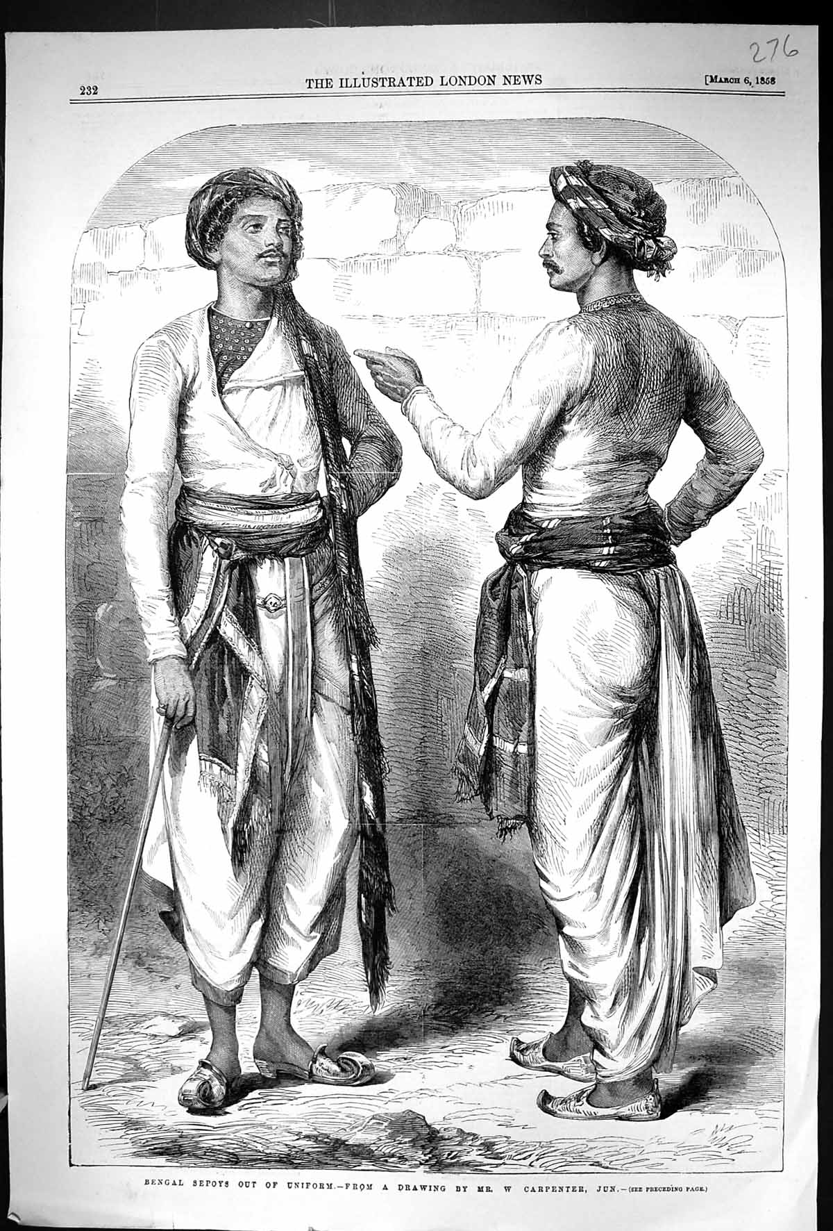 Old Antique Print 1858 Bengal Sepoys Out Uniform Casual Dress Carpenter 19th
