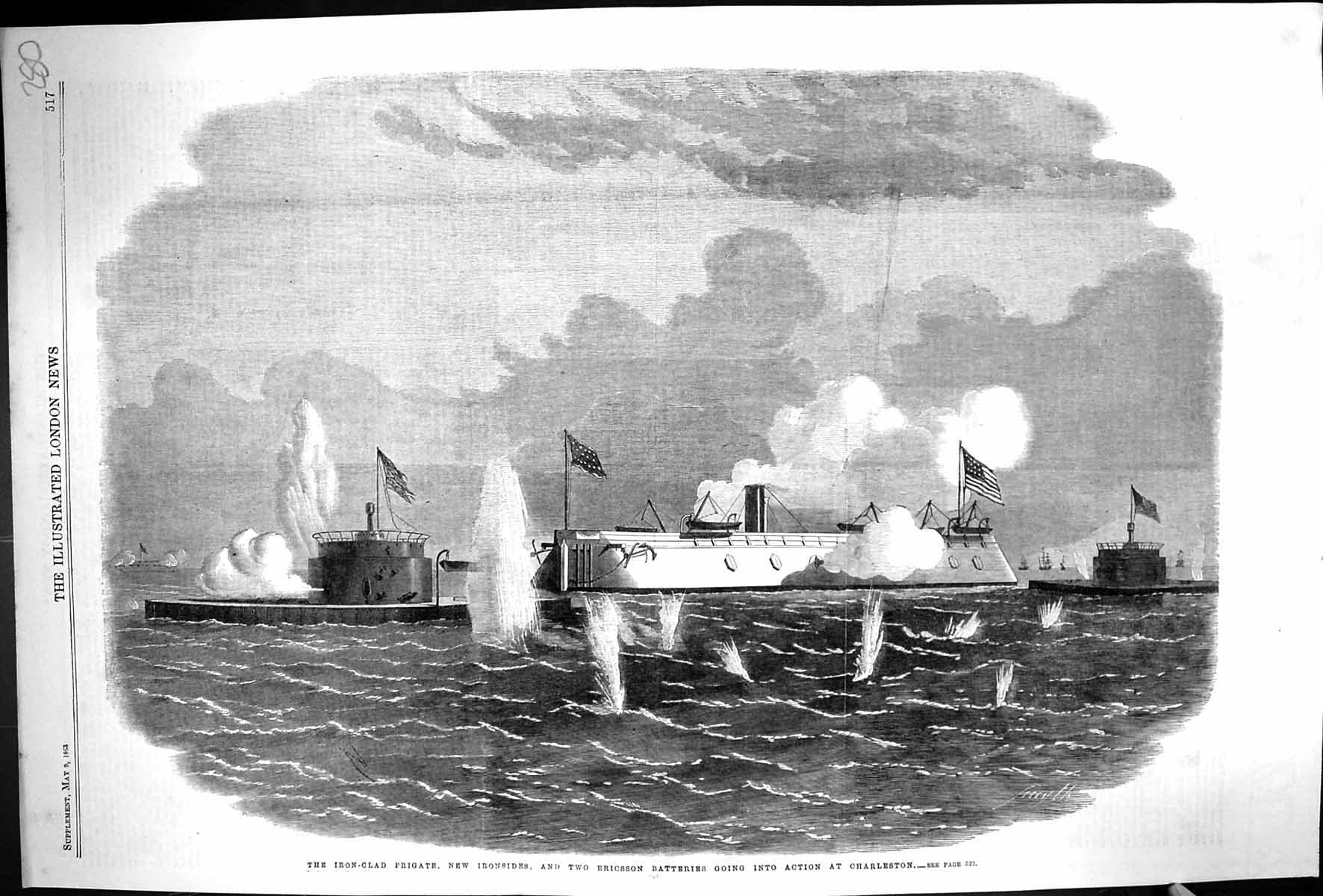Old 1863 Iron-Clad Frigate Ships Ironsides Two Ericsson Batteries Cha Victorian