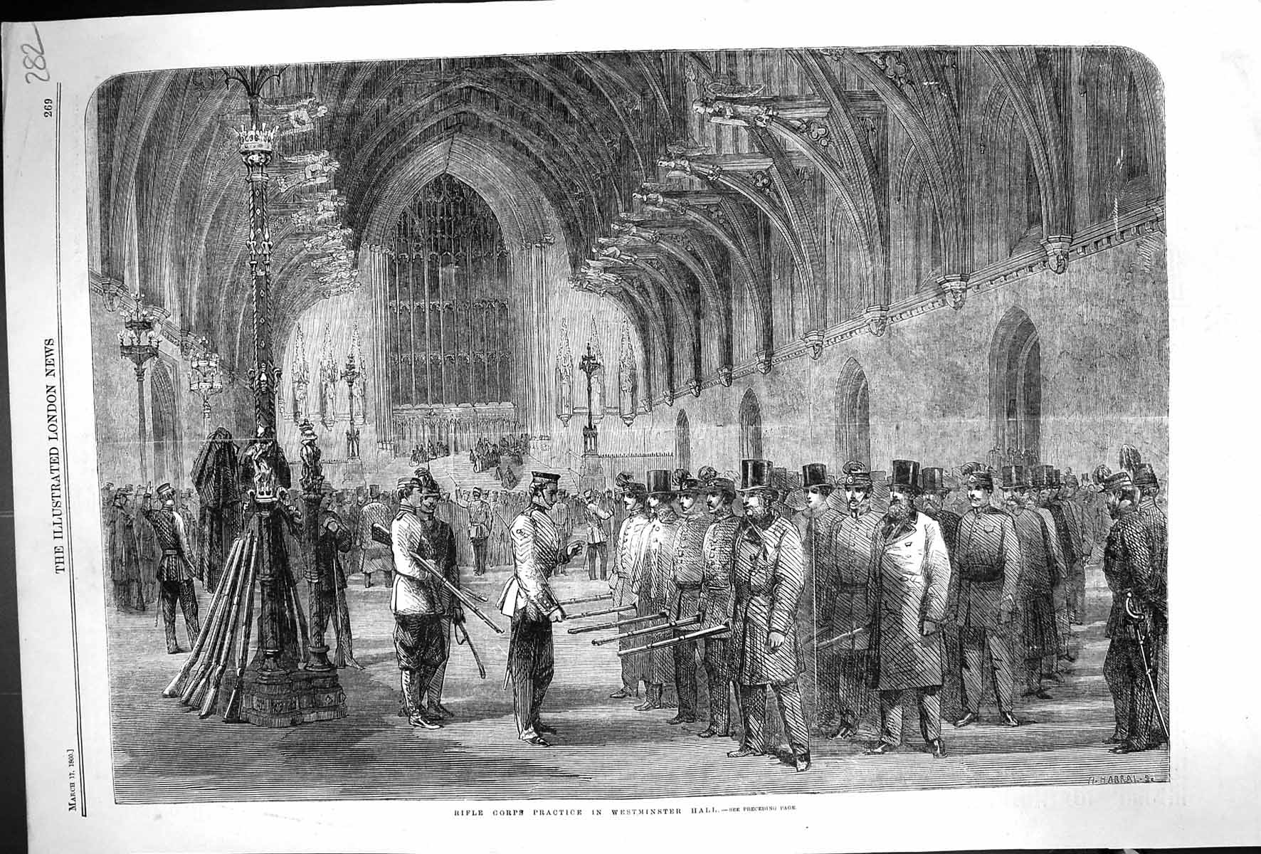 Original Old Antique Print 1860 Rifle Corps Practice Westminster Hall Siers