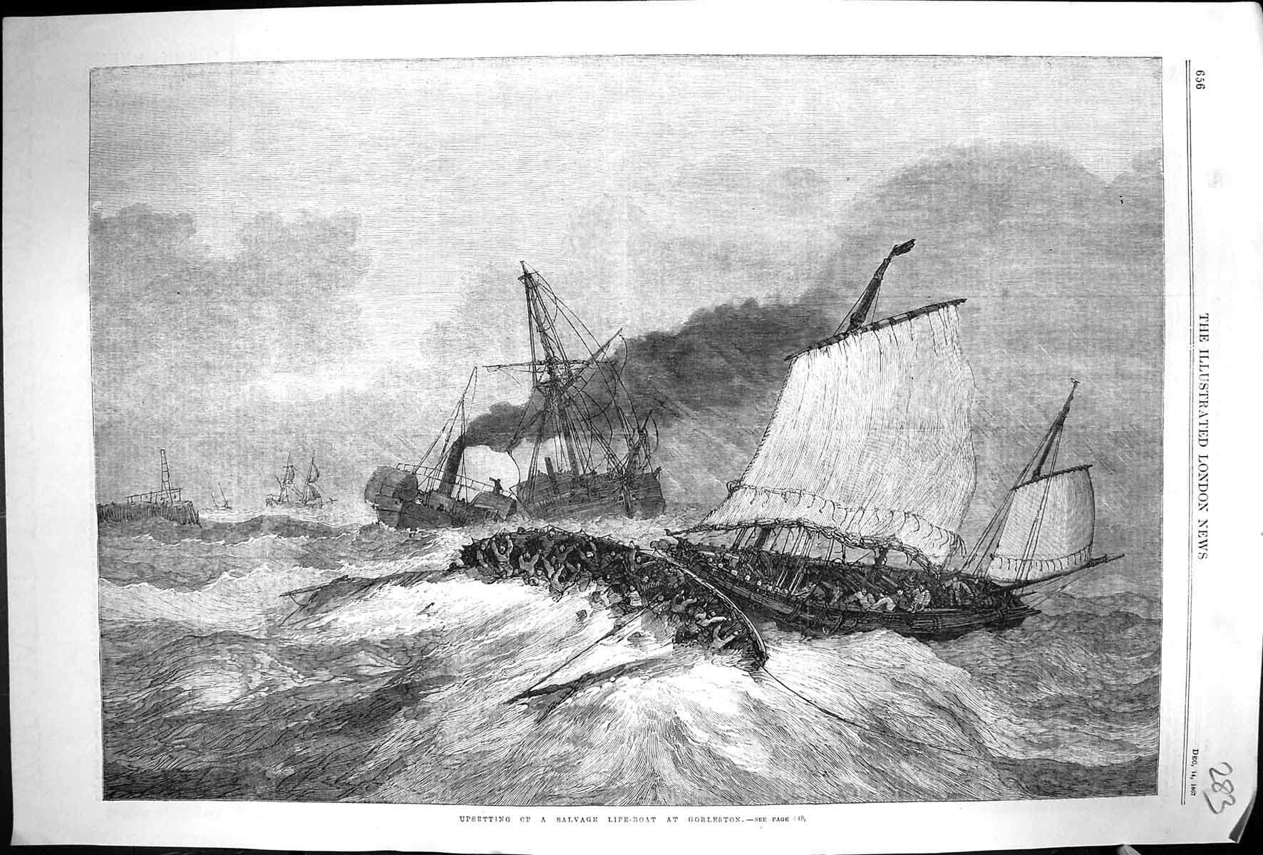 Old Print 1867 Upsetting Salvage Life-Boat Gorleston Ship Wreck Fine Art 19th