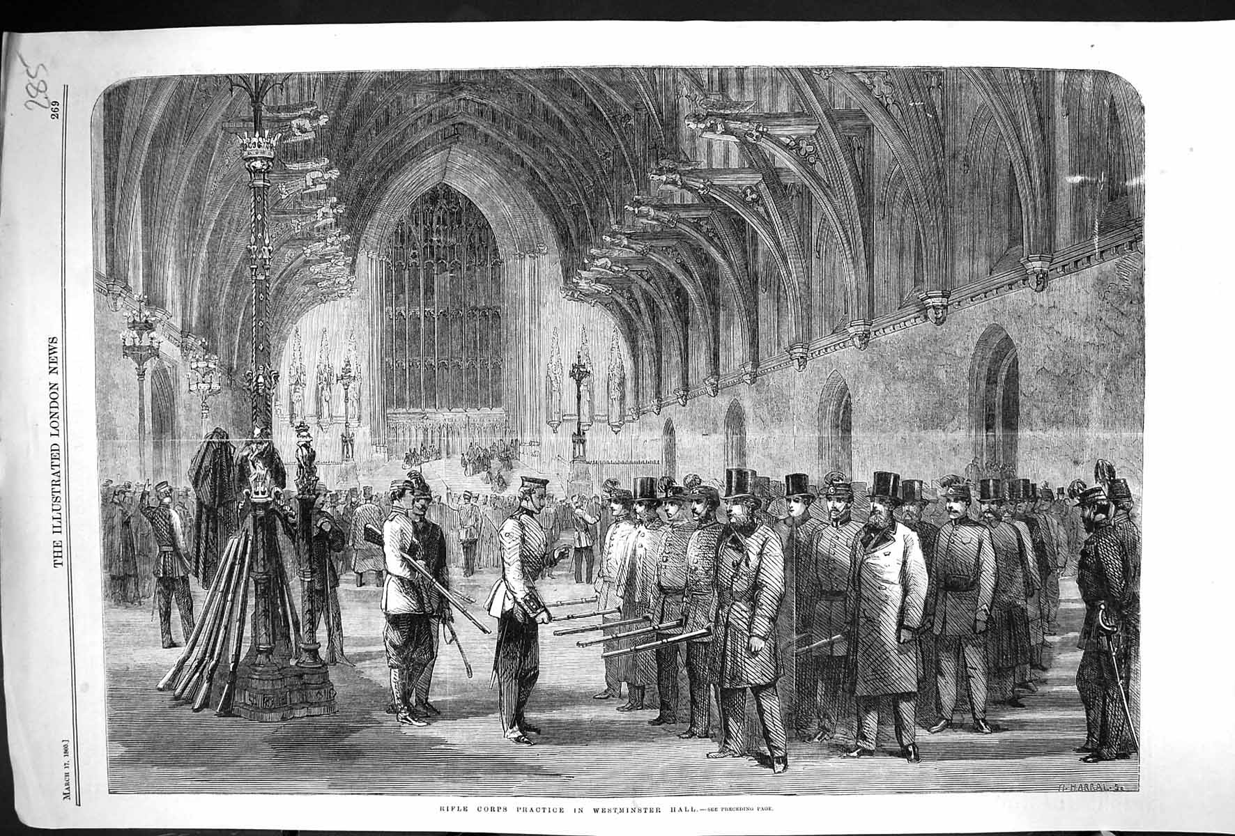 Old Antique Print *6056 1860 Rifle Corps Practice Westminster Hall London
