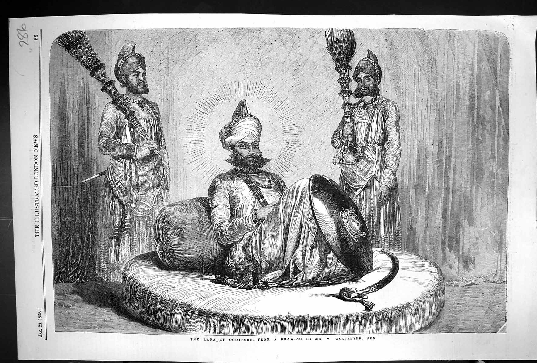 Original Old Antique Print 1858 Portrait Rana Oodipoor Native Men Carpenter