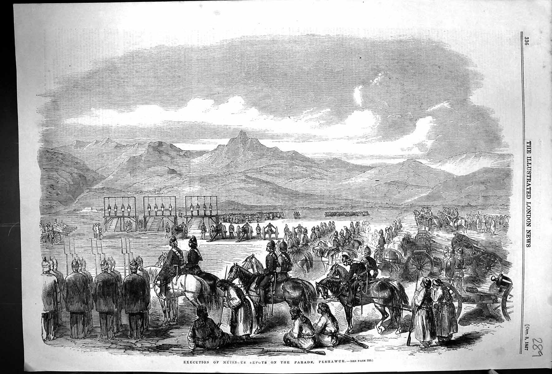 Original Old Antique Print 1857 Execution Mutinous Sepoys Parade Peshawur India