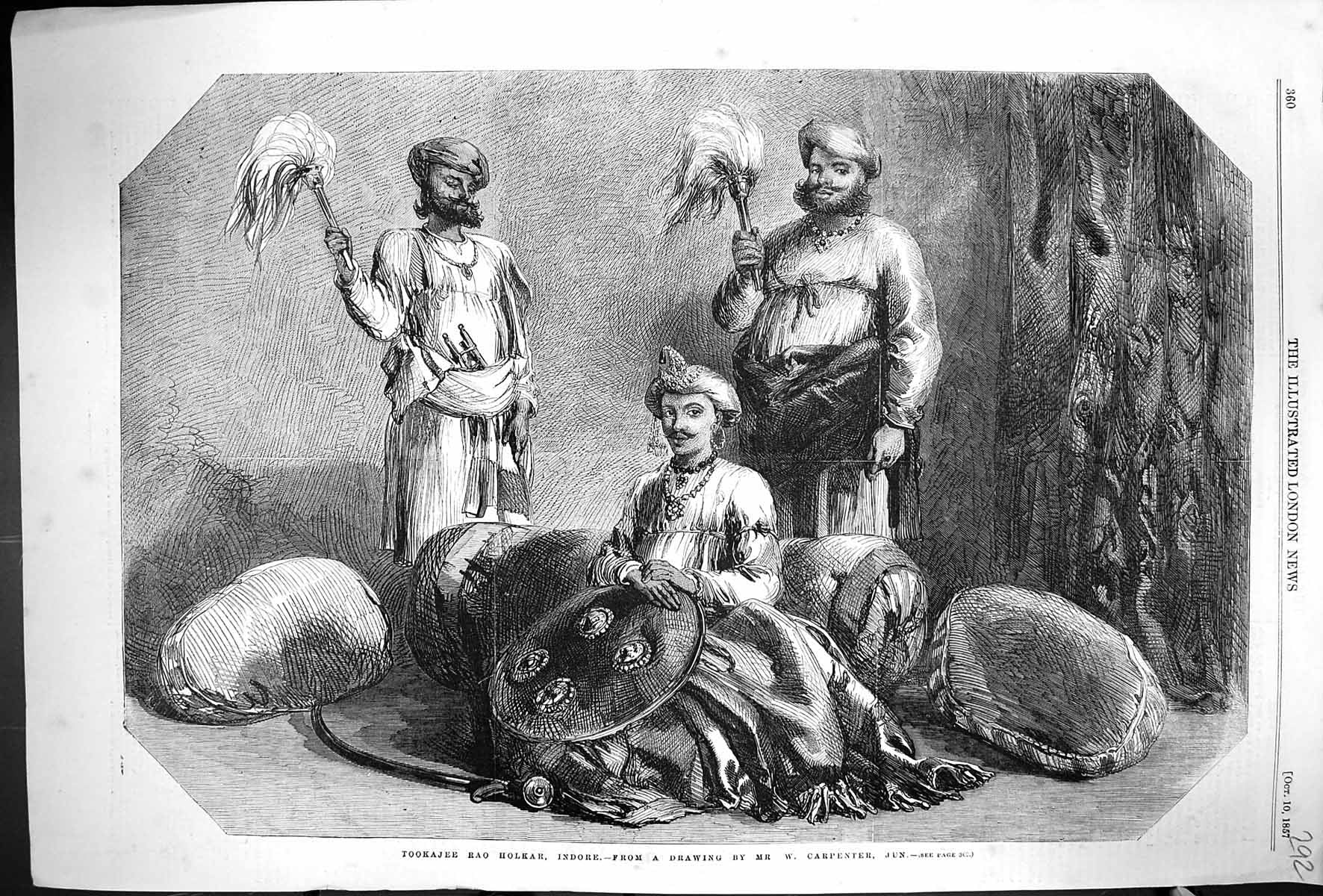 Antique Old Print 1857 Portrait Tookajee Rao Holkar Indore India Carpenter 19th