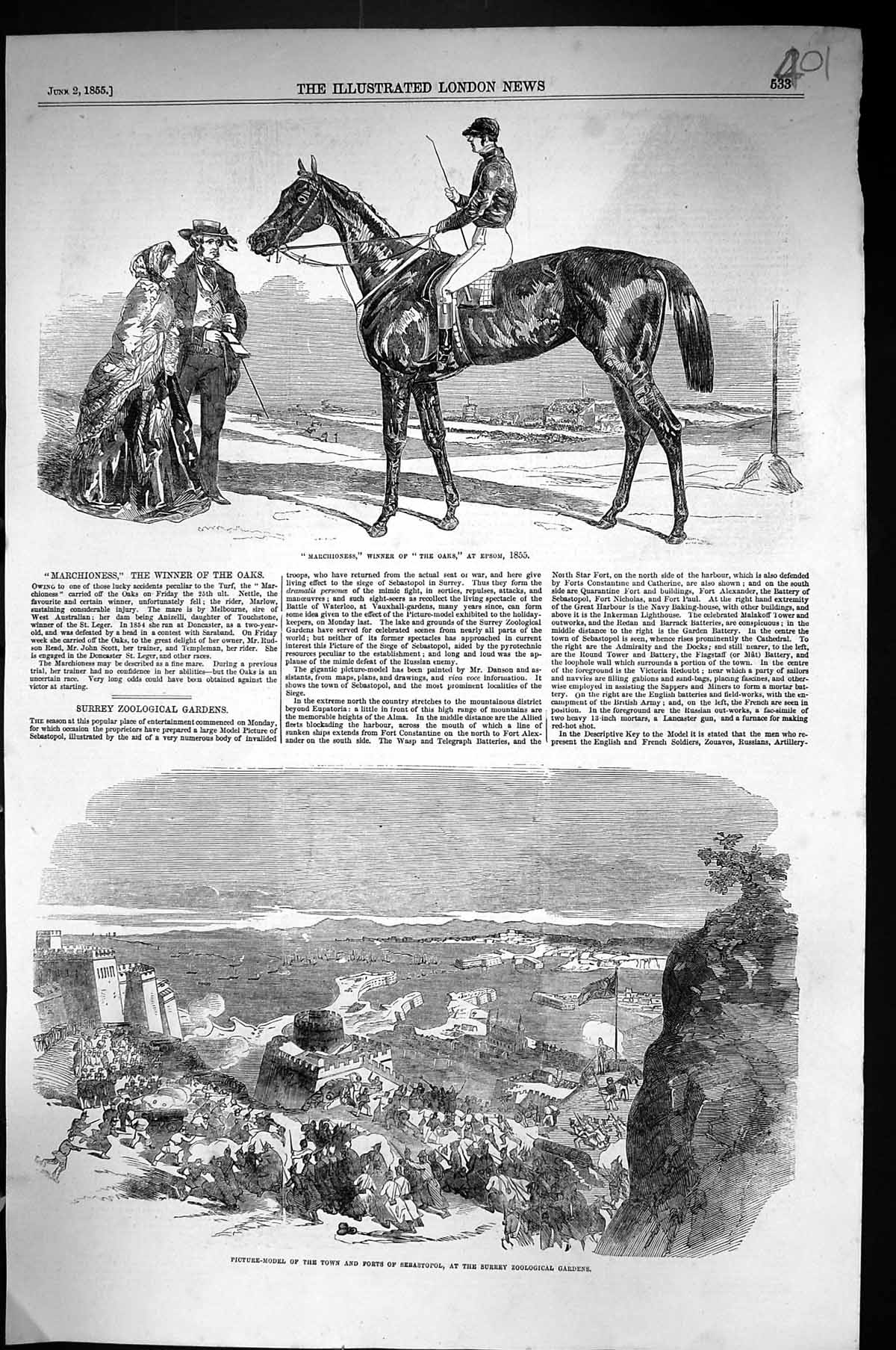 Old 1855 Marchioness Horse Winner Oaks Epsom Town Fort Sebastopol Sur Victorian