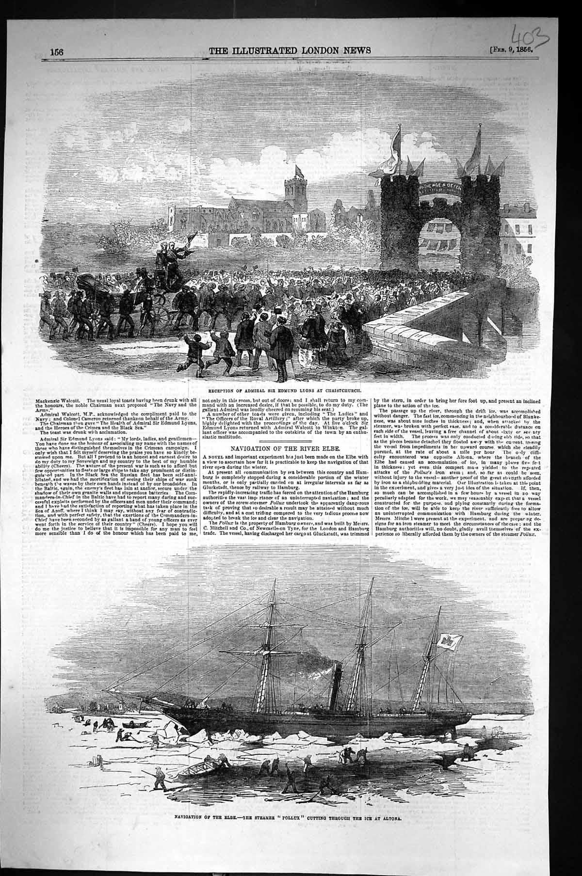Old 1856 Reception Admiral Sir Edmund Lyons Christchurch Elbe Ship Po Victorian