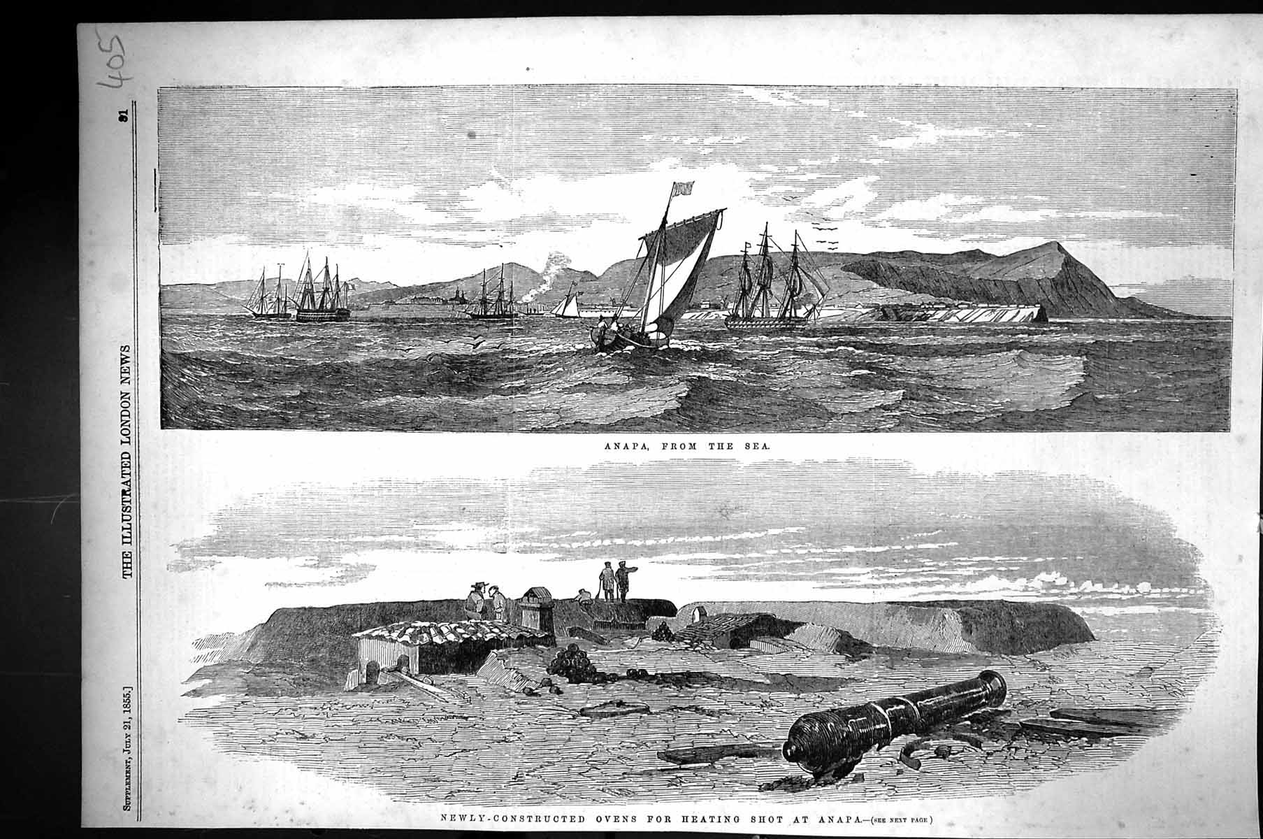 Old Print 1855 View Ships Newly-Constructed Ovens Heating Shot Anapa War 19th