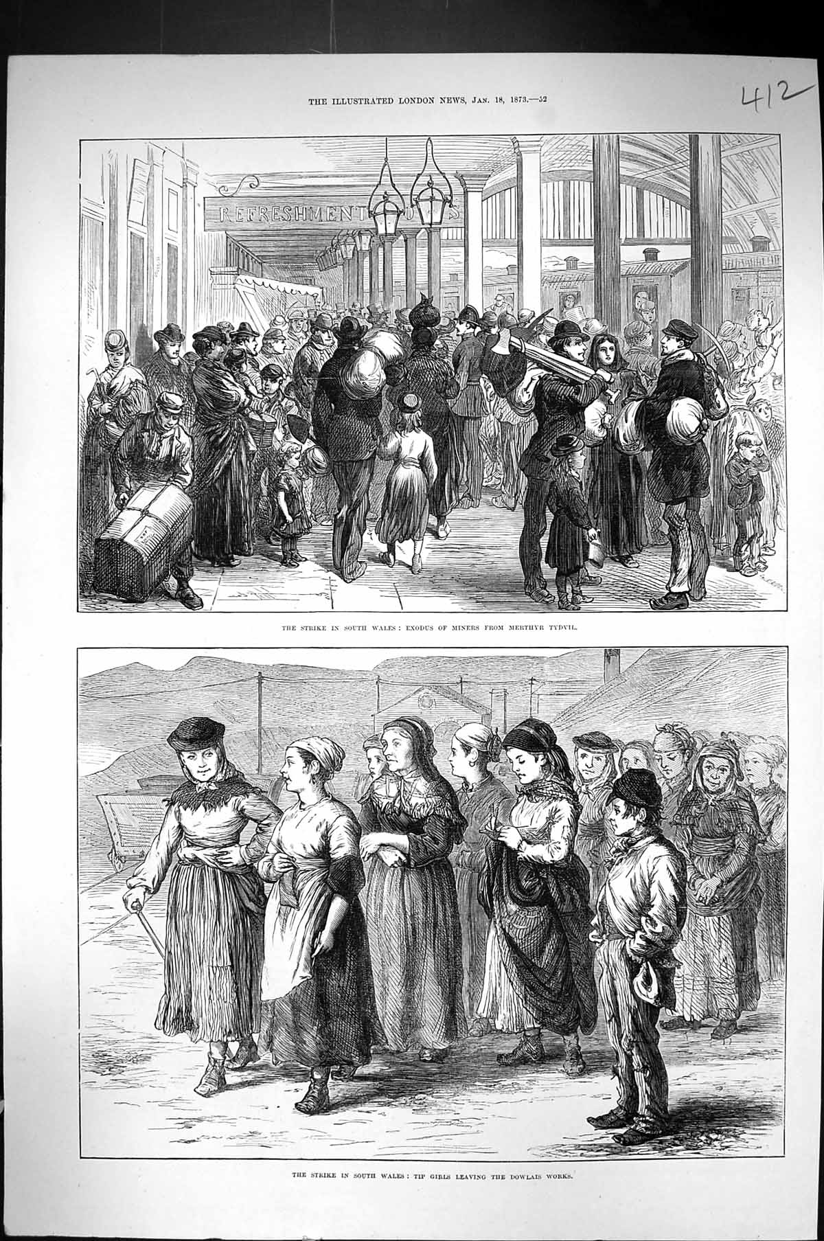 Old 1873 Coal Miners Strike Wales Exodus Merthyr Tydvil Tip Girls Dow Victorian