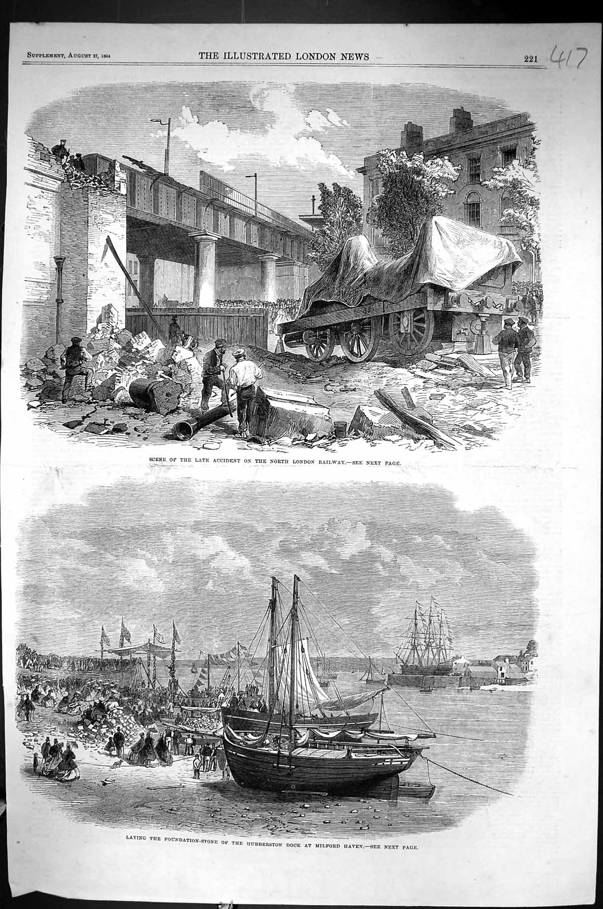 Old 1864 Scene Train Crash London Railway Hubberston Dock Milford Hav Victorian