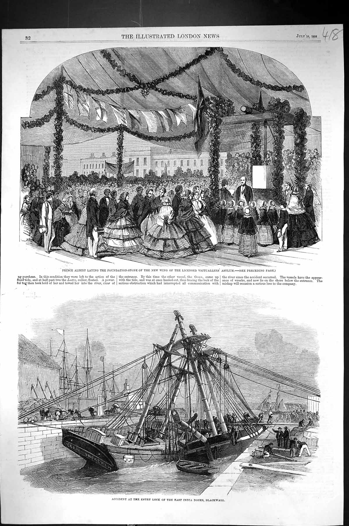 Old 1858 Prince Albert Foundation Victuallers Asylum Ships Accident D Victorian