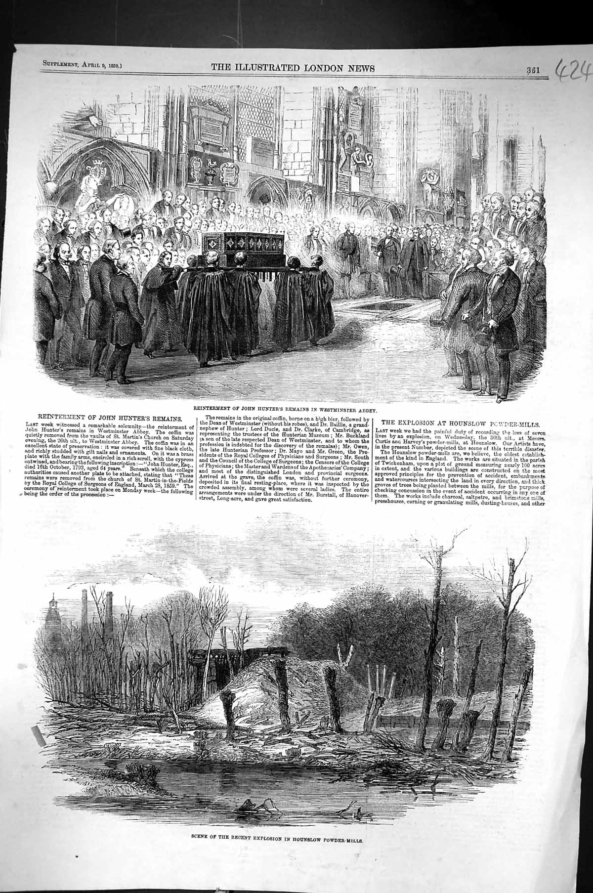 Old 1859 Reinterment John Hunter Westminster Abbey Explosion Hounslow Victorian
