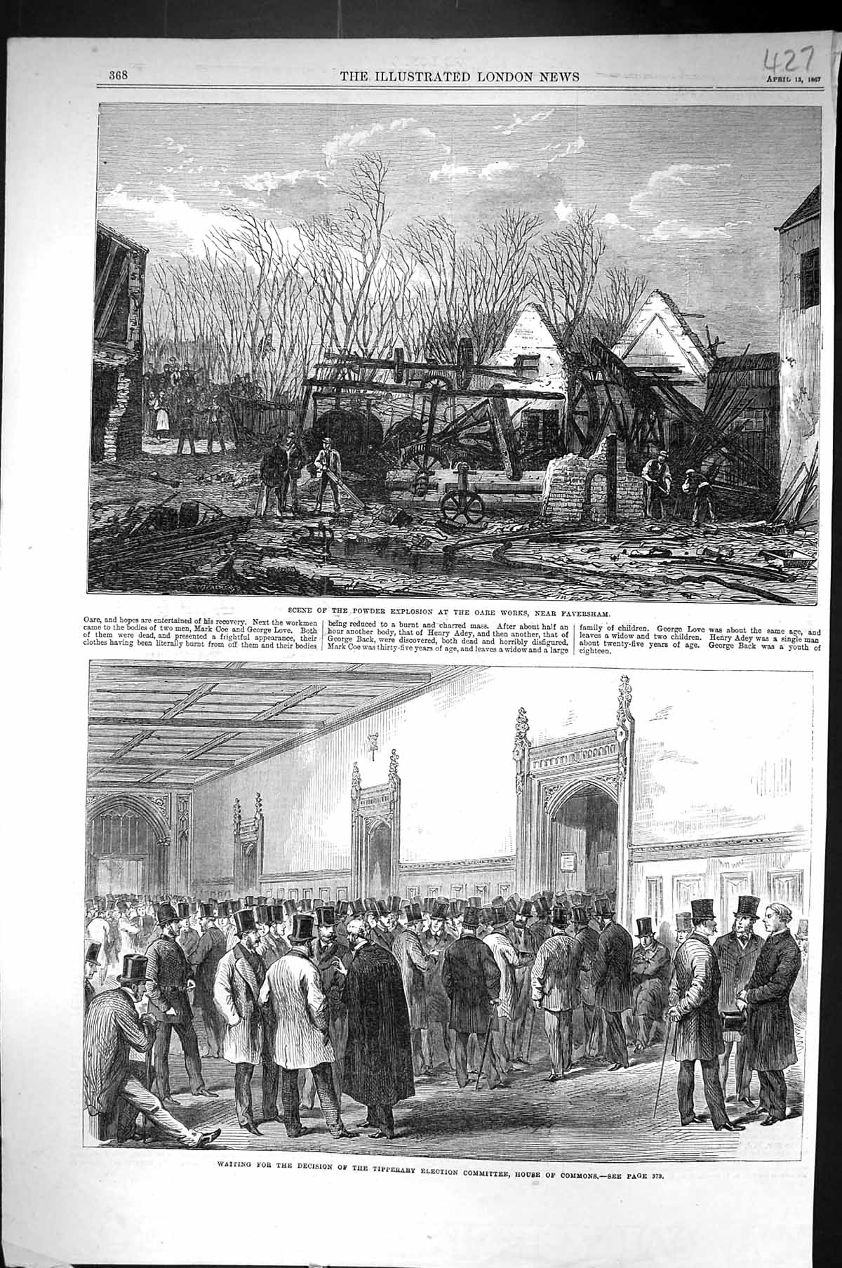 Old 1867 Powder Explosion Oare Works Faversham Tipperary Election Hou Victorian