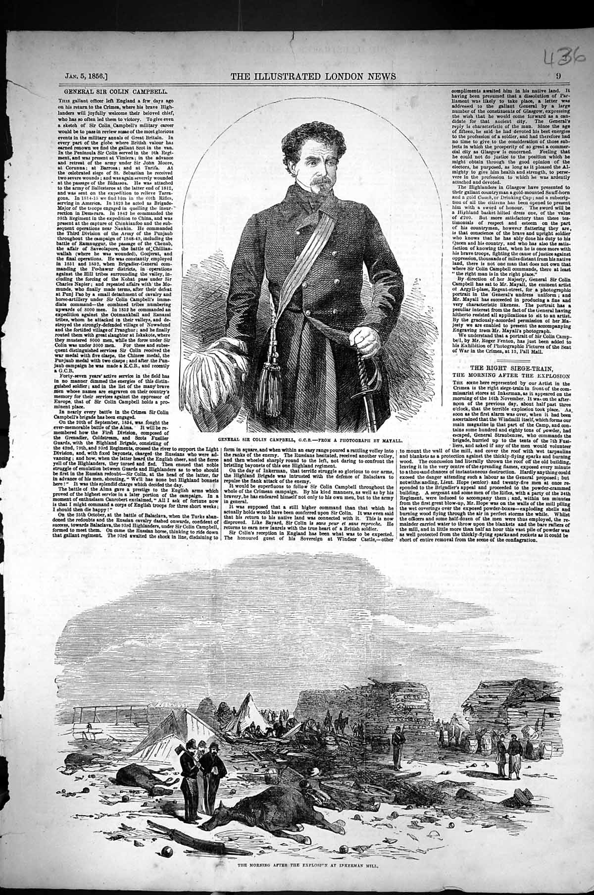 Old Print 1856 General Sir Colin Campbell Dead Horse Siers War Explosion 19th
