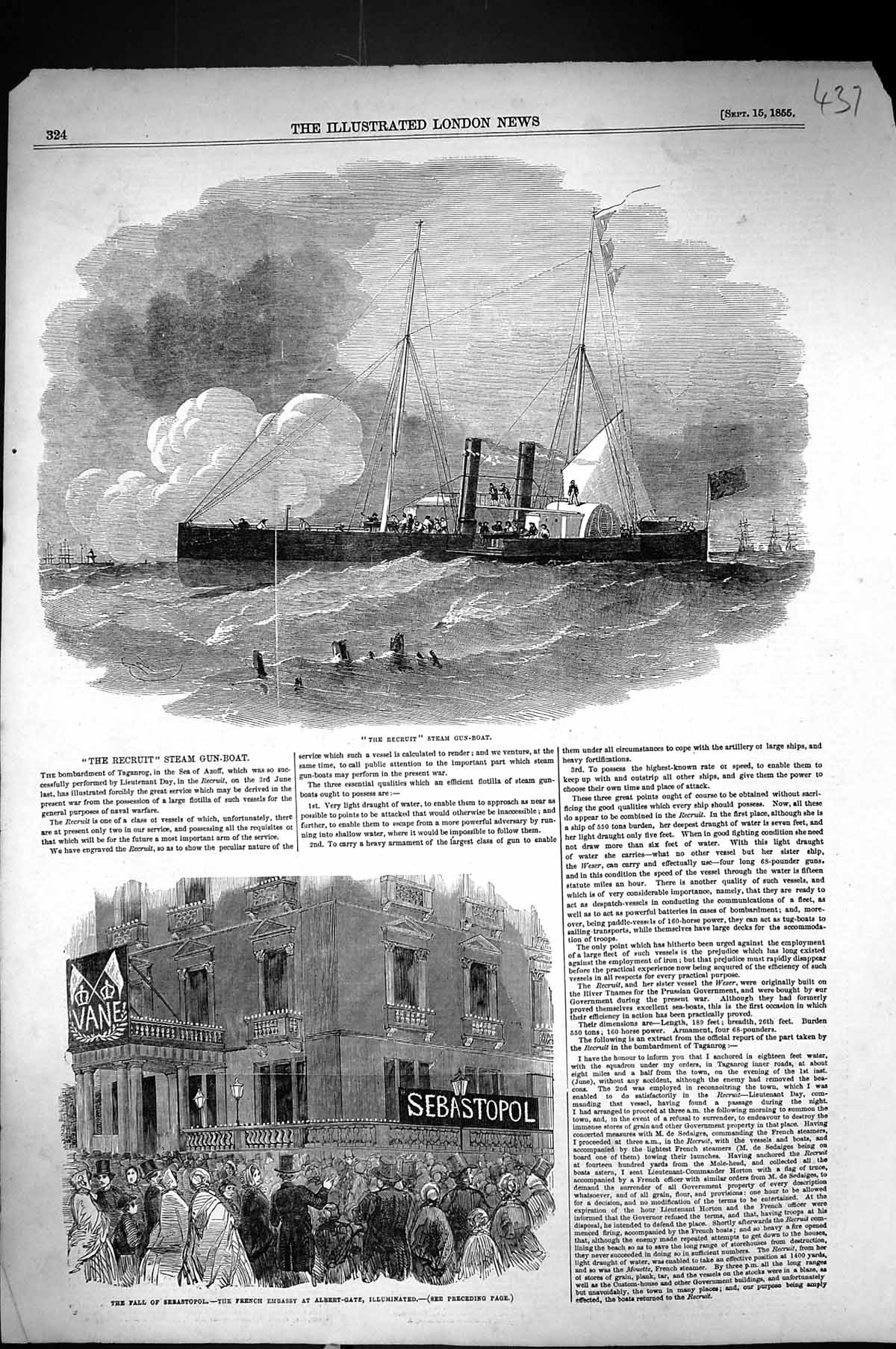 Old 1855 Recruit Steam Gun-Boat Ship Fall Sebastopol French Embassy A Victorian