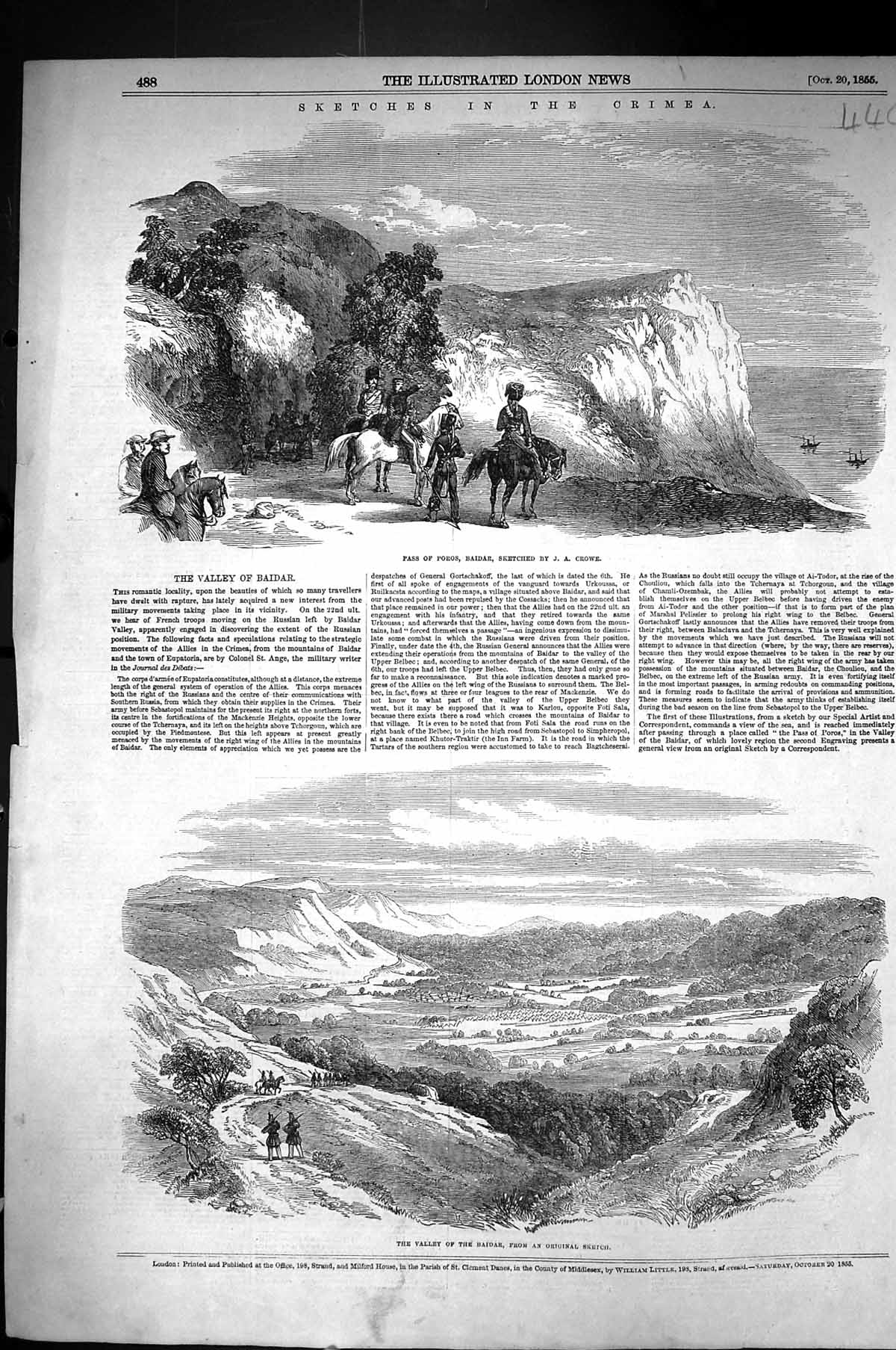 Antique Old Print 1855 Crimea War Pass Poros Baidar Valley Mountains Siers 19th