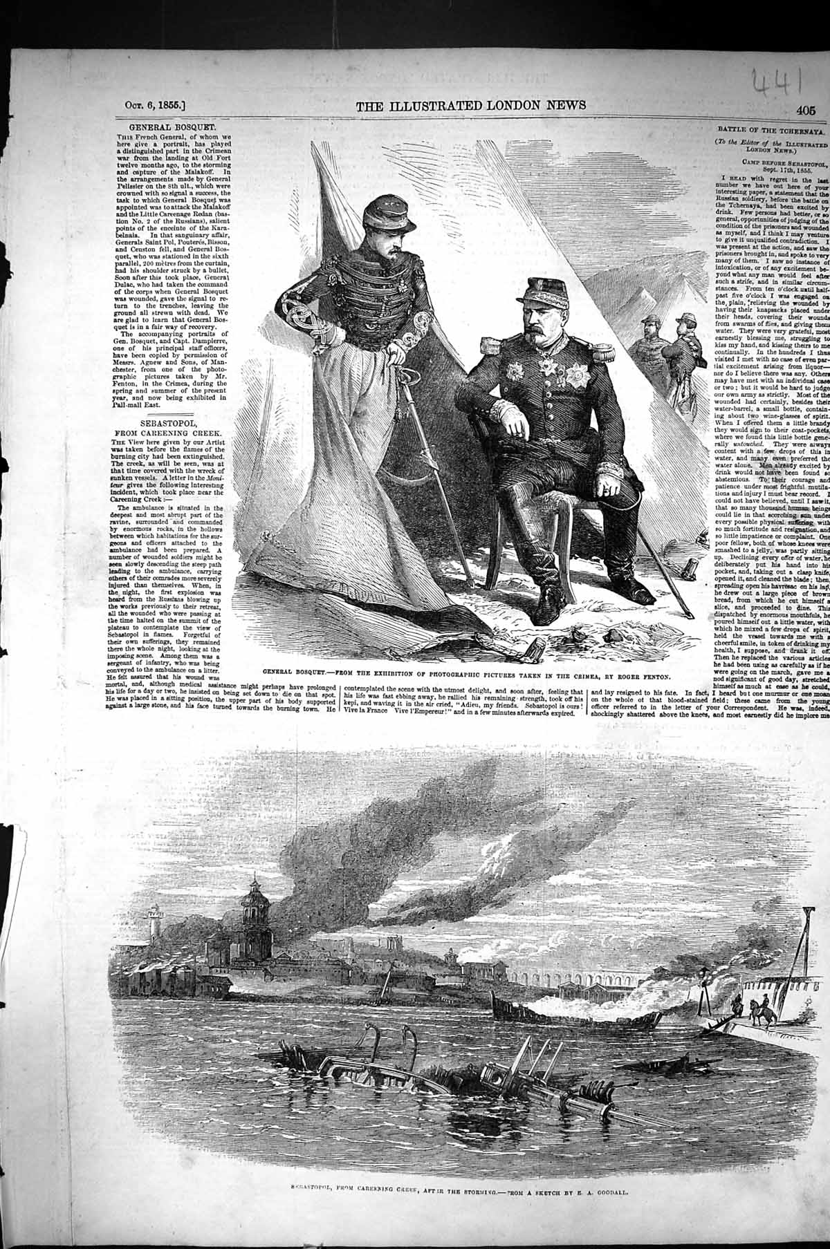 Antique Old Print 1855 General Bosquet Crimea War Sebastopol Careening Creek