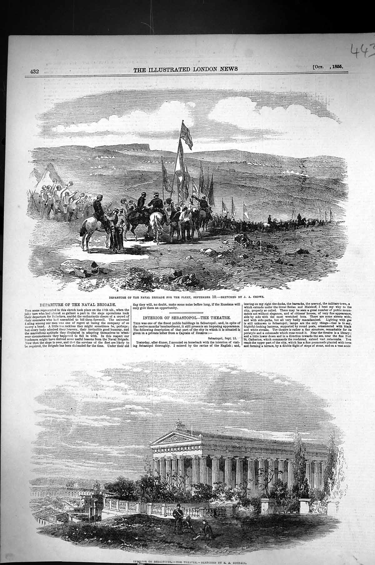 Old Print 1855 Interior Sebastopol Theatre Departure Naval Brigade Siers 19th