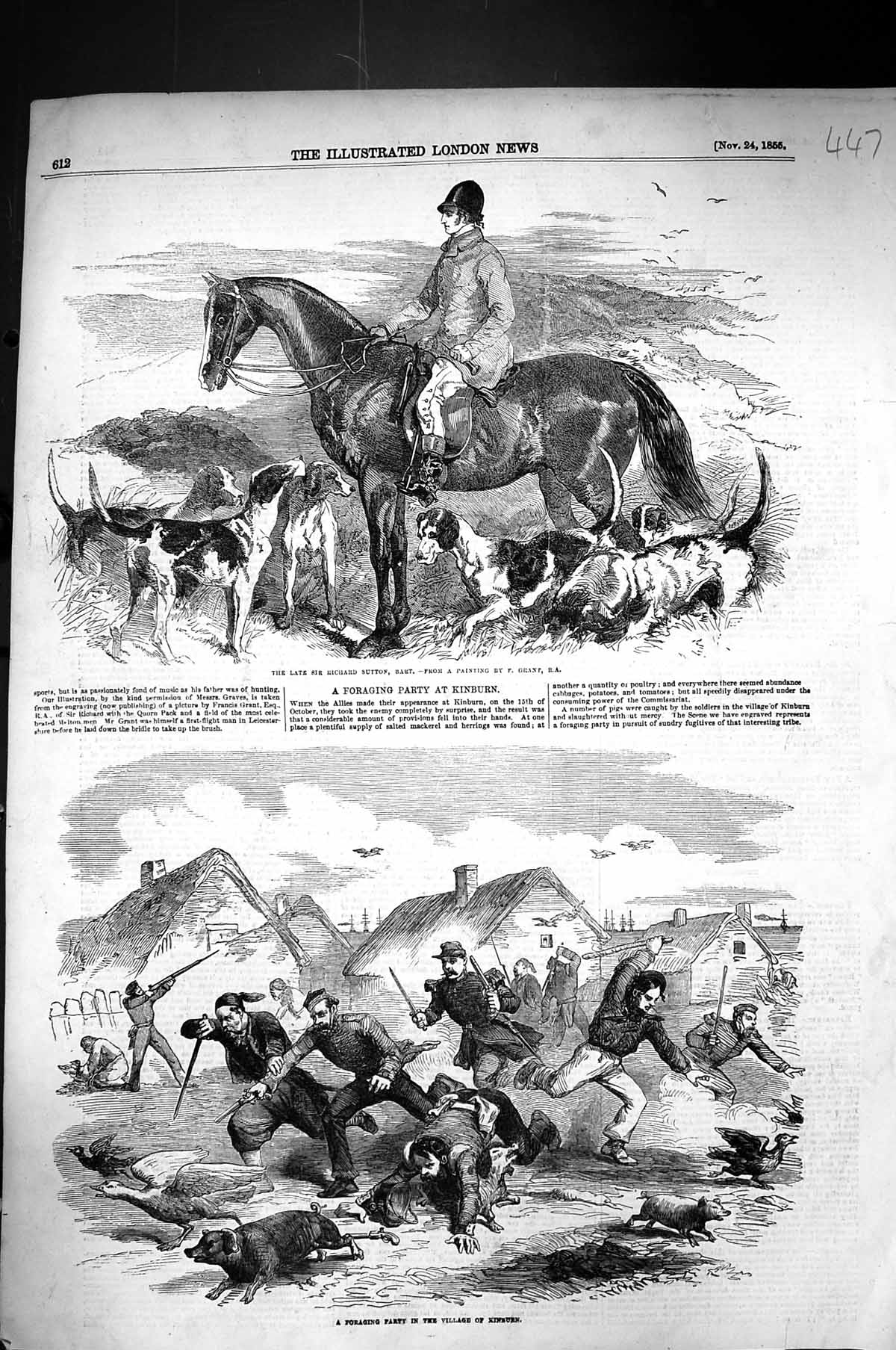 Old 1855 Richard Sutton Horse Hounds Hunting Foraging Party Kinsburn Victorian
