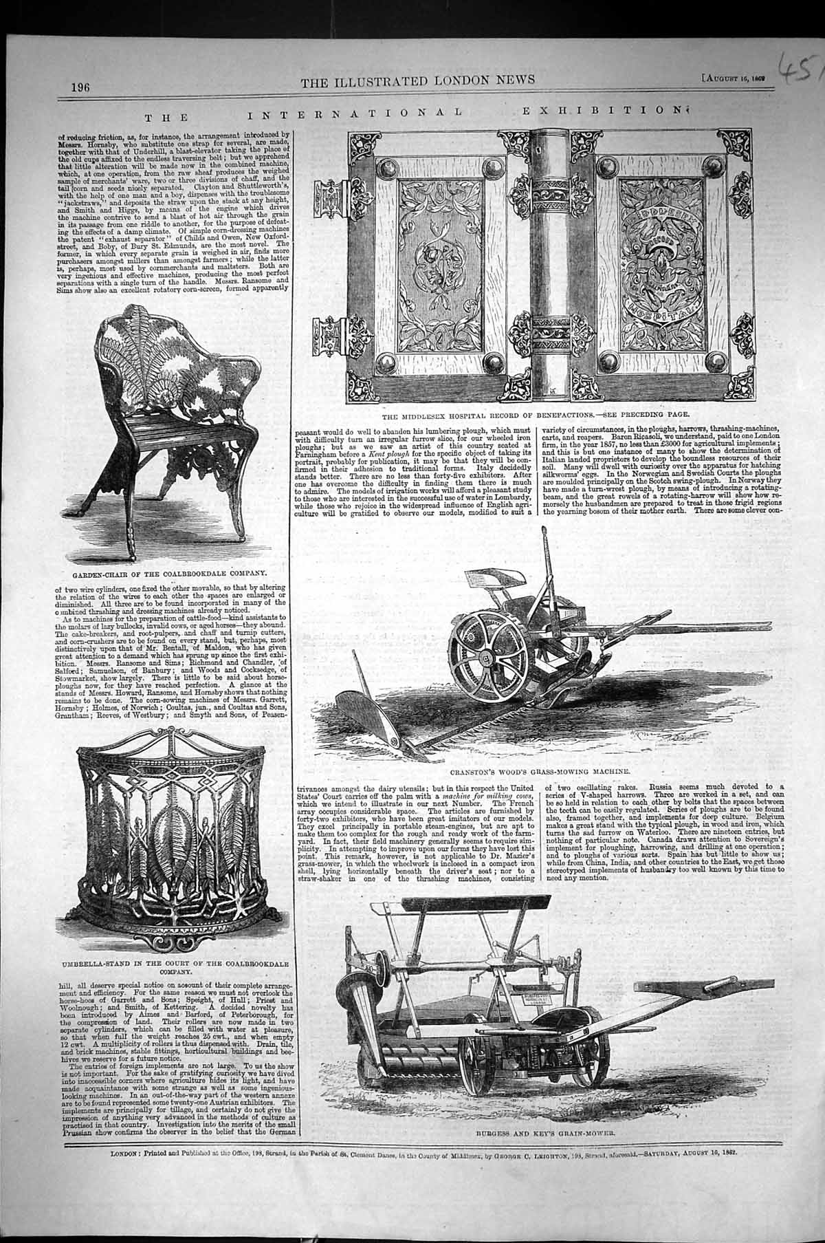 Old 1862 Burgess Key Grain Mower Cranston Grass-Mowing Machine Hospit Victorian