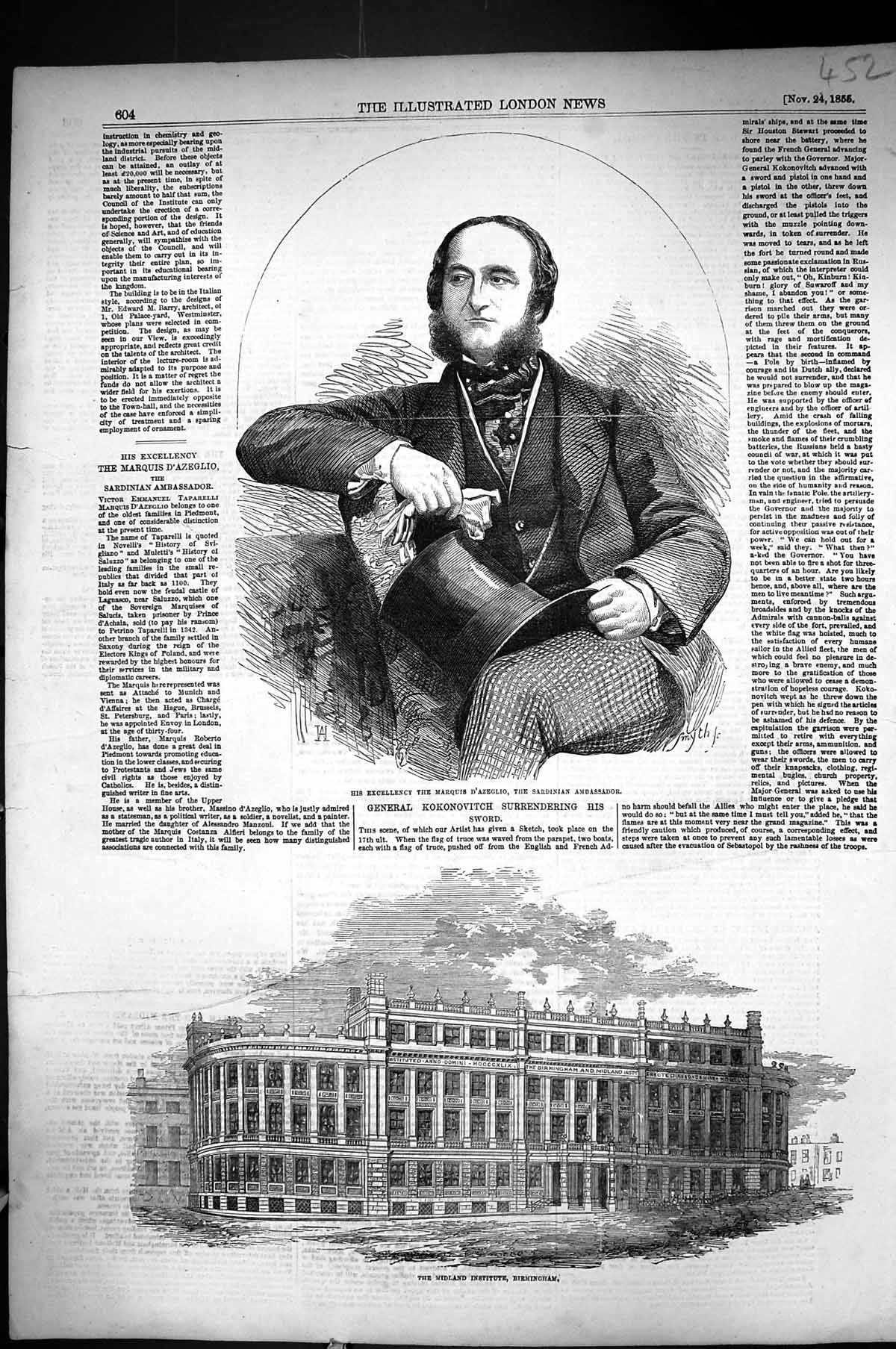 Antique Print 1855 Marquis D'Azeglio Sardinia Midland Institute Birmingham 19th