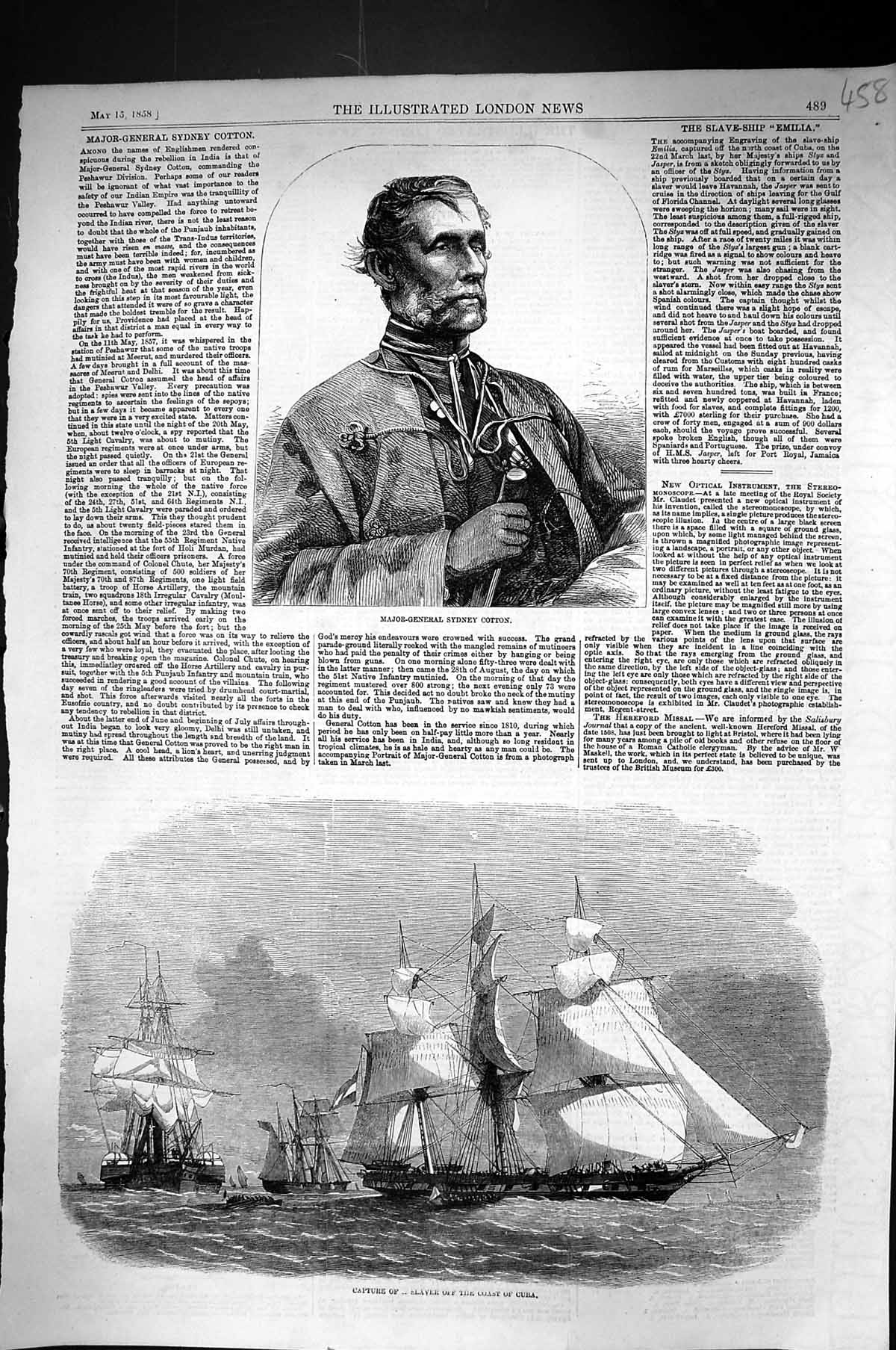 Antique Old Print 1858 Major-General Sydney Cotton Capture Slaver Ship Cuba