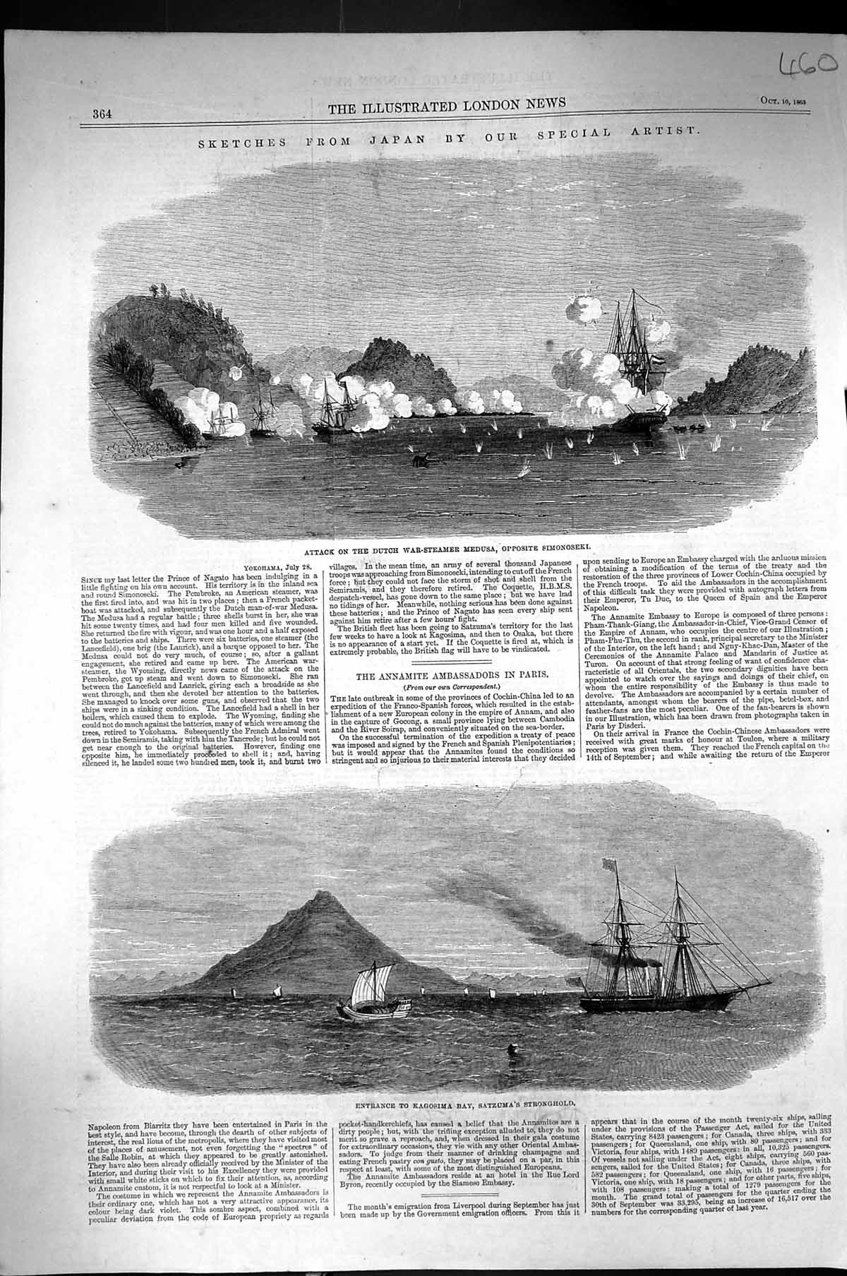 Antique Print 1863 Entrance Kagosima Bay Satzuma StronghShips Dutch War Ste