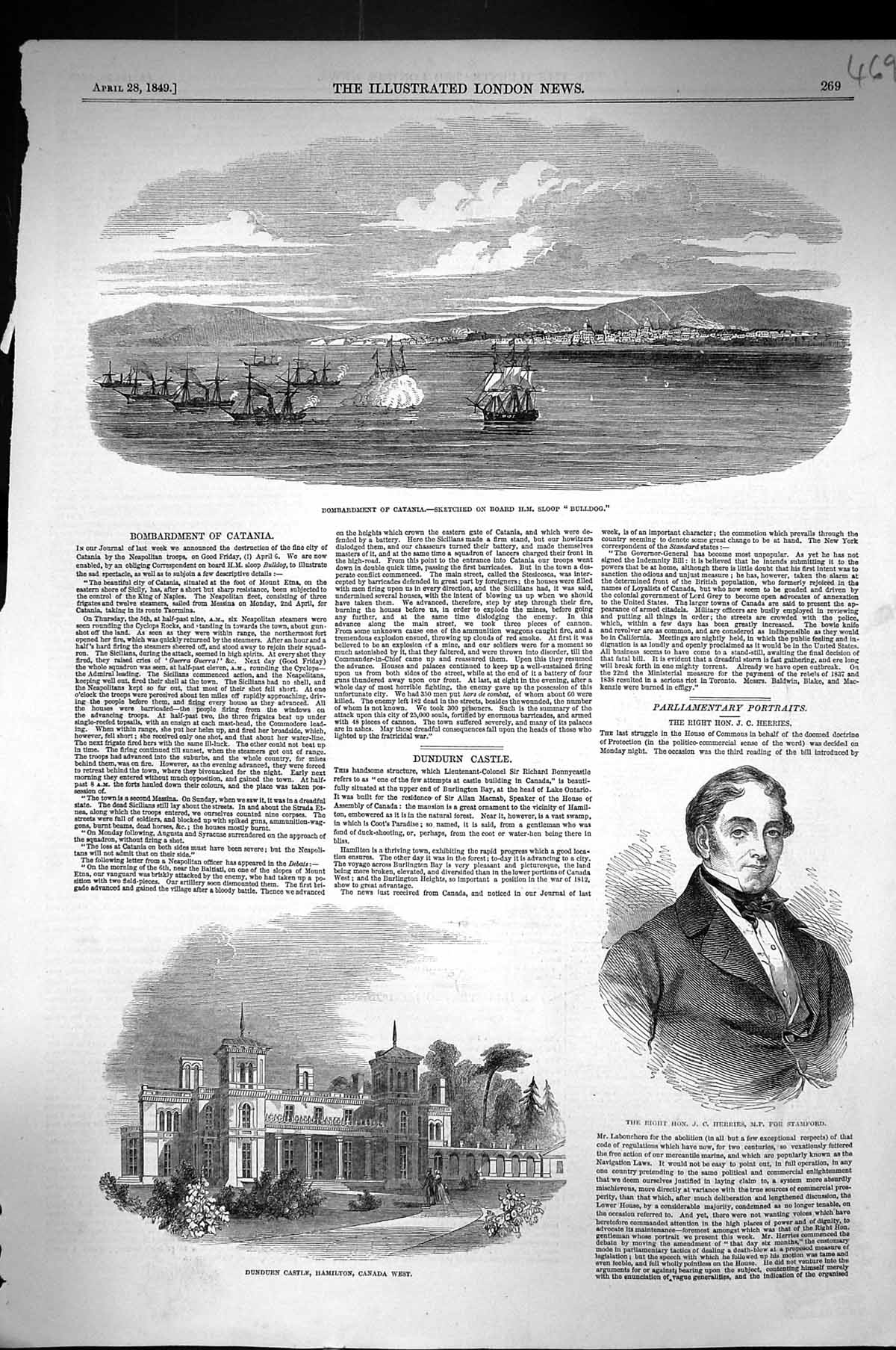 Old 1849 Bombardment Catania Ship Bulldog Dundurn Castle Canada Herri Victorian