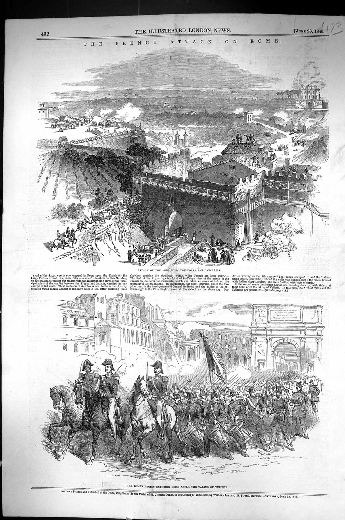 Old 1849 French War Attack Rome Porta San Pancrazia Roman Legion Vell Victorian
